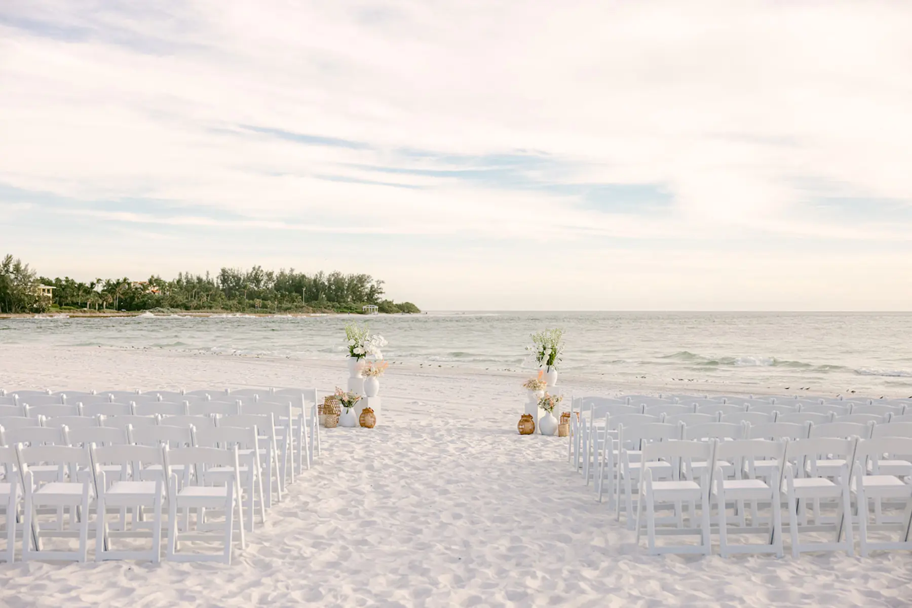 White and Pink Beach Wedding Ceremony Inspiration | White Folding Garden Chairs | Sarasota Waterfront Beach Venue The Resort at Longboat Key Club | Planner Elegant Affairs by Design