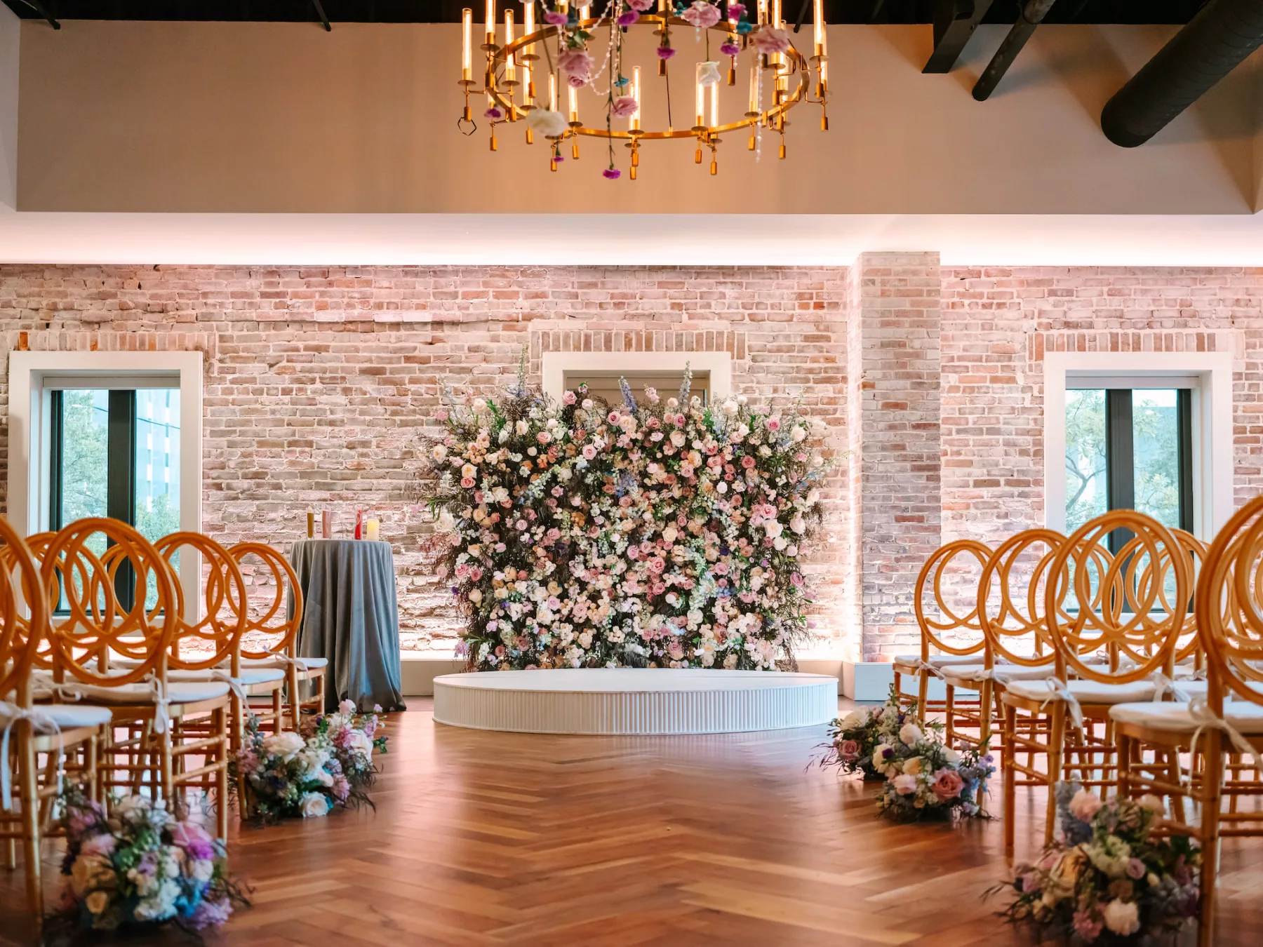 Whimcial Pink and Blue Wedding Ceremony Ideas | Pink Roses, White Hydrangeas, Blue Stock Flowers, and Greenery Backdrop Inspiration | Downtown St. Pete Venue Red Mesa Events | Planner Wilder Mind Events