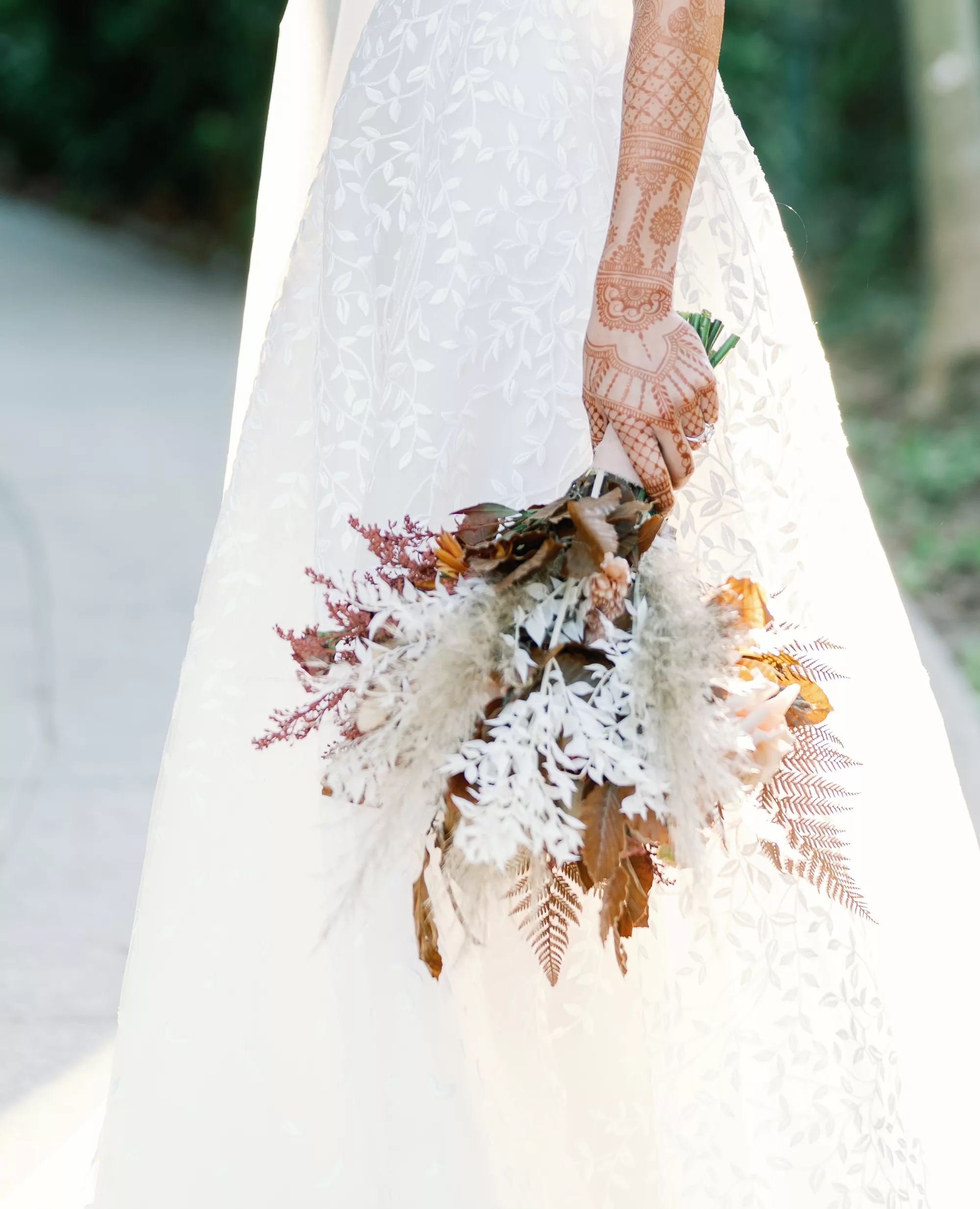 Boho Bridal Wedding Bouquet Ideas with Dried Florals, Pampas Grass, and Ferns