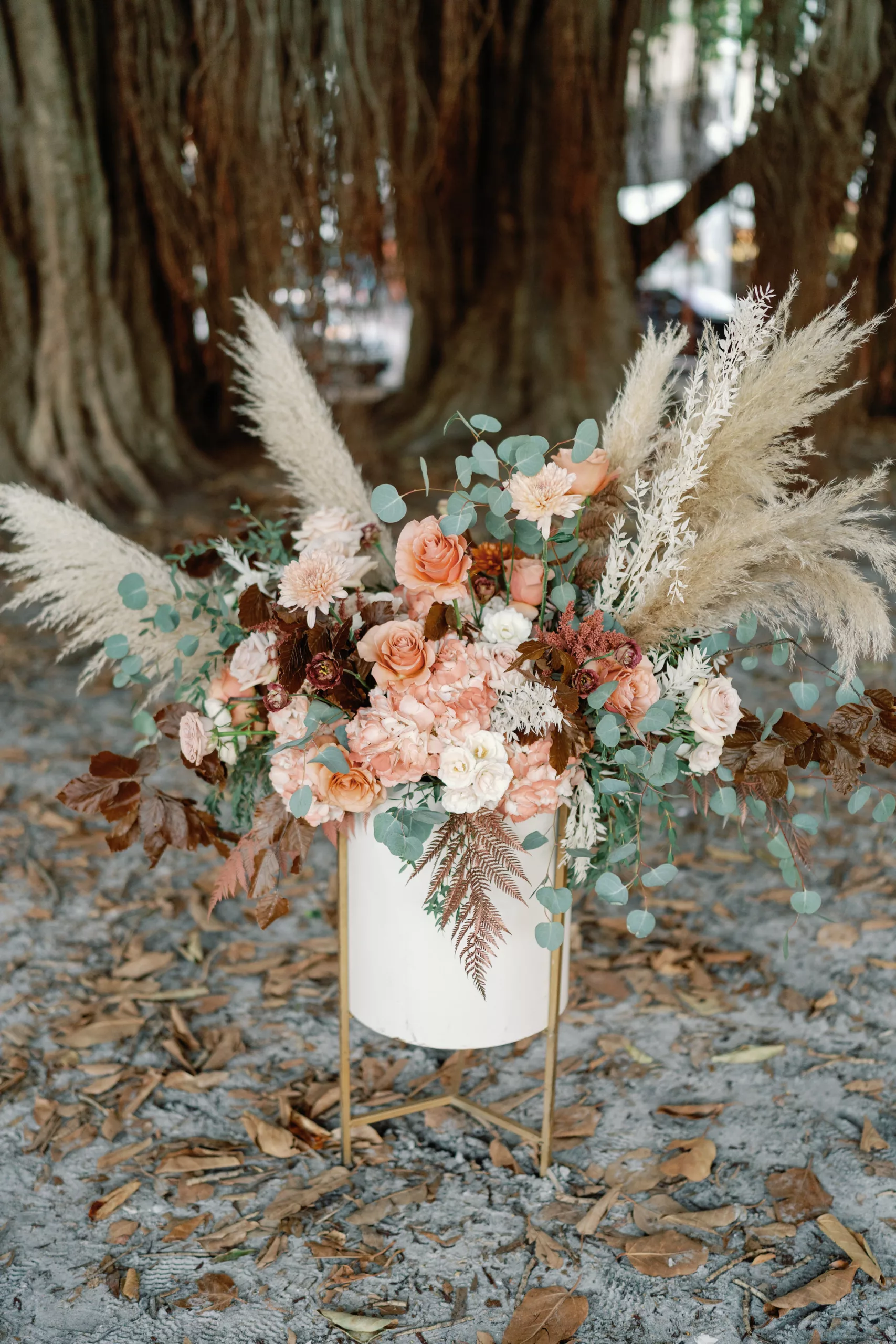 Boho Wedding Ceremony Decor Ideas | Dried Pampas Grass, White Fern, Pink Roses, Hydrangeas, and Greenery
