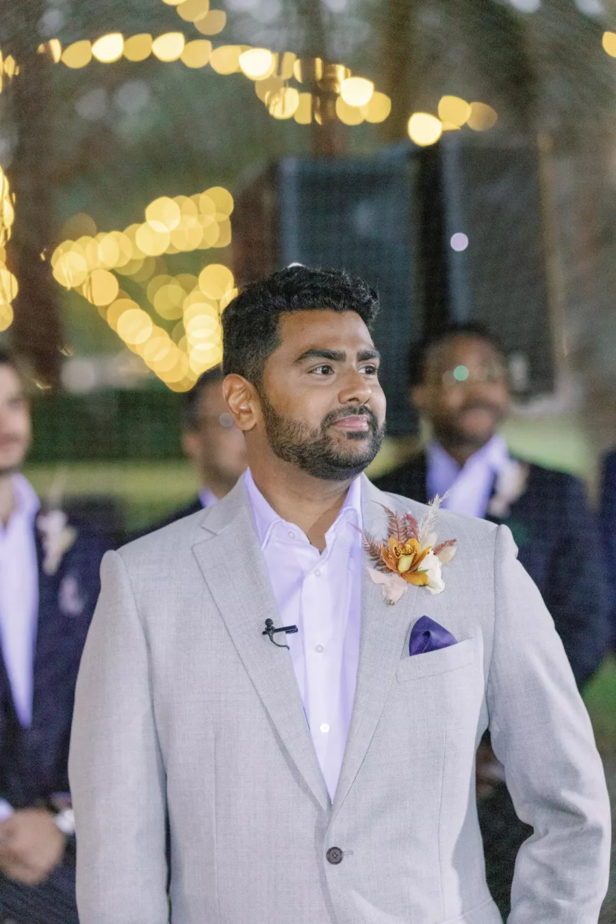 Groom's Reaction to Bride Walking Down Wedding Aisle | Light Gray Suit Ideas