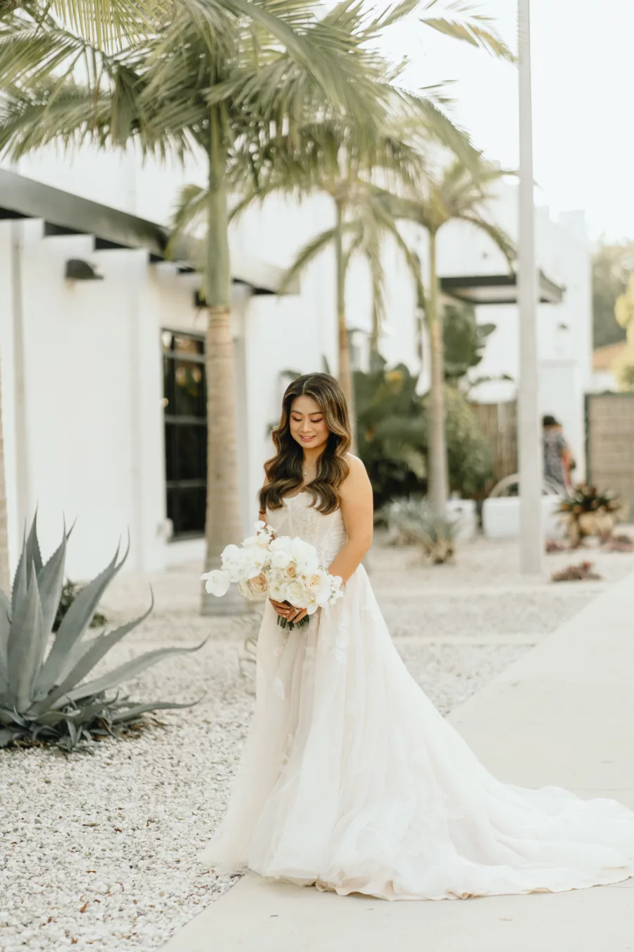 White Monochromatic Bridal Bouquet with Orchids and Roses Ideas | Ivory Strapless Lace A-Line Wedding Dress Inspiration | Lakeland Photographer and Videographer J&S Media