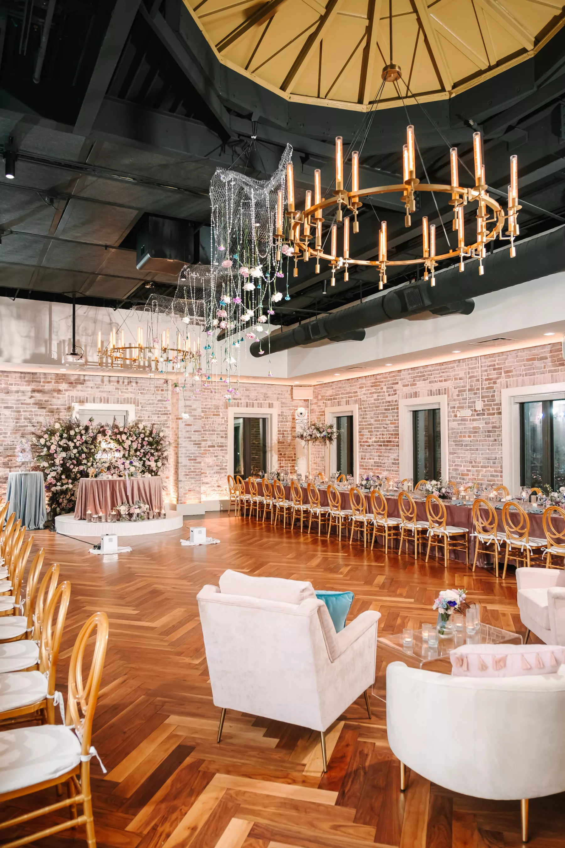 Industrial Brick Blue and Pink Wedding Reception Inspiration | Industrial Downtown St. Pete Venue Red Mesa Events | Planner Wilder Mind Events