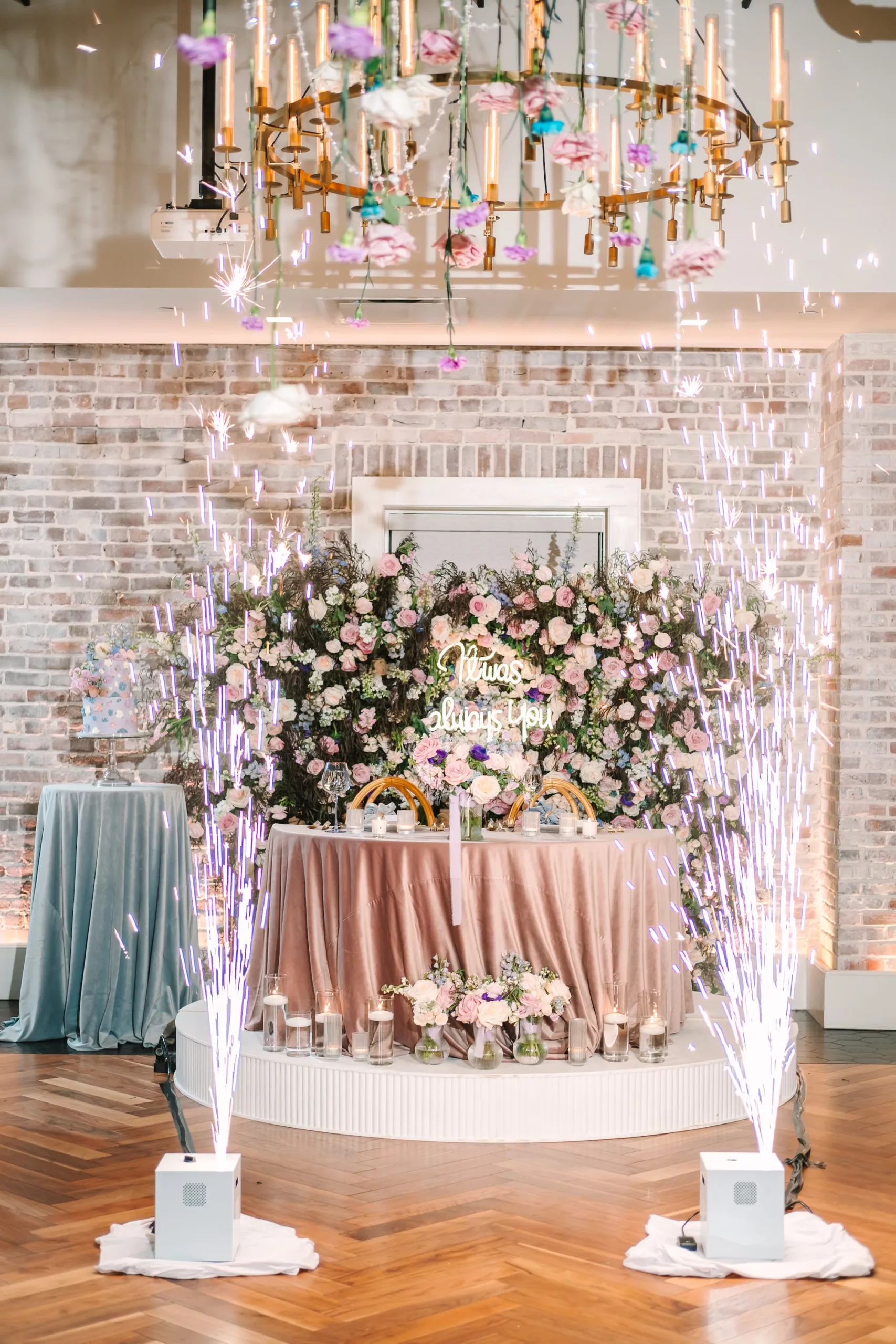 Whimsical Pink Rose, Blue Stock Flowers, and Greenery Wall Sweetheart Backdrop Decor Ideas | It Was Always You Neon Sign Inspiration | Cold Spark Machine | Industrial Downtown St. Pete Venue Red Mesa Events | Planner Wilder Mind Events