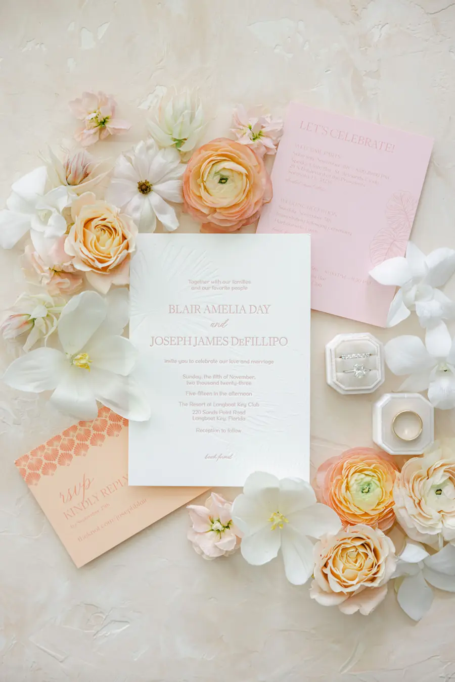 Spring Embossed Pastel Pink, Orange, and White Wedding Invitation Suite Ideas