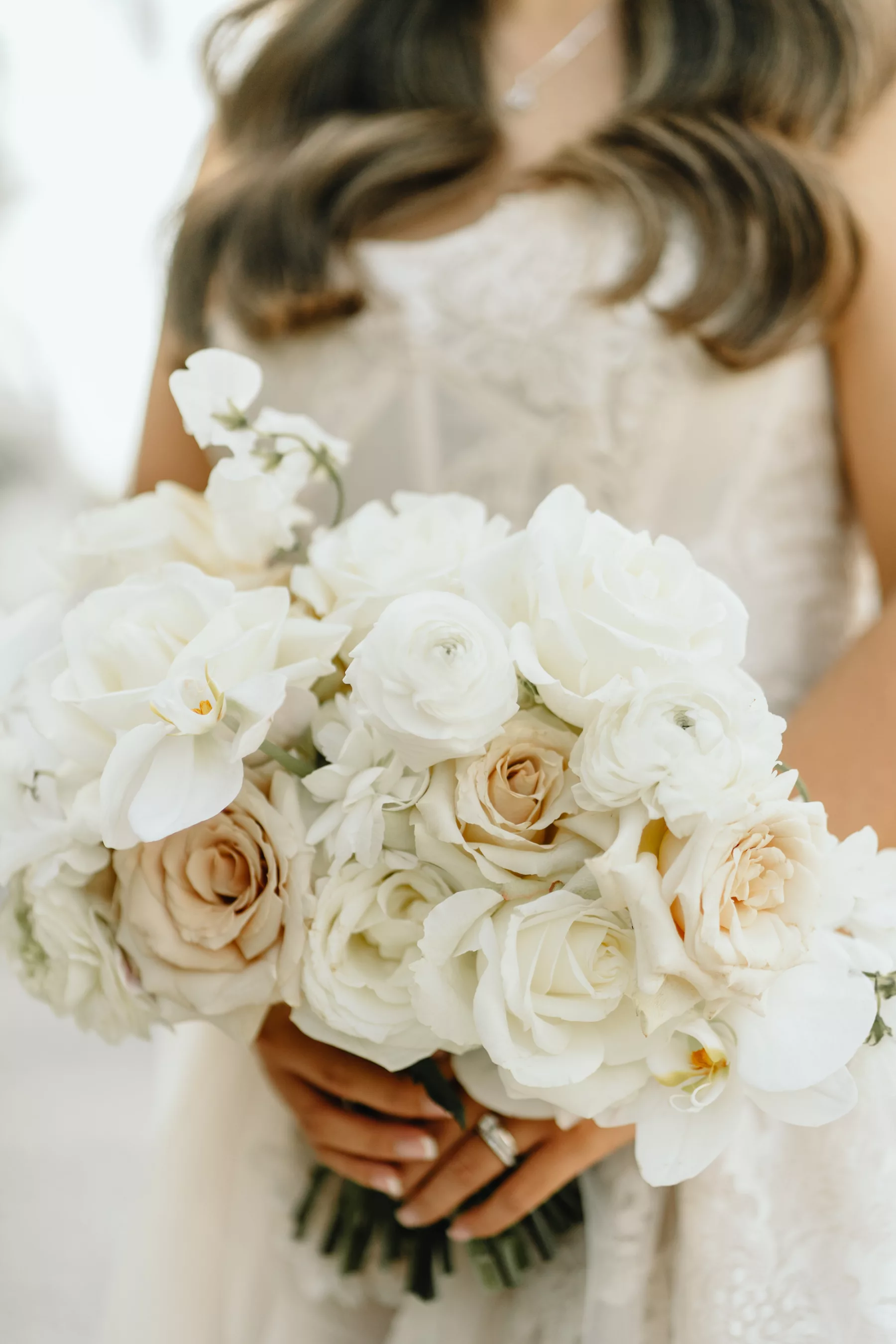 Monochromatic Bridal Bouquet with Orchids and White and Pink Roses Ideas | Tampa Bay Florist Bloom Shakalaka