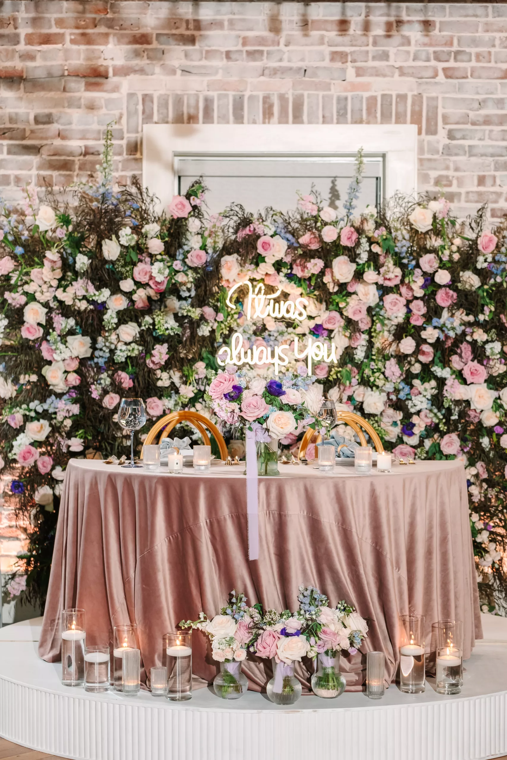 Whimsical Pink Rose, Blue Stock Flowers, and Greenery Wall Sweetheart Backdrop Decor Ideas | It Was Always You Neon Sign Inspiration | Historic Downtown St. Pete Venue Red Mesa Events | Planner Wilder Mind Events