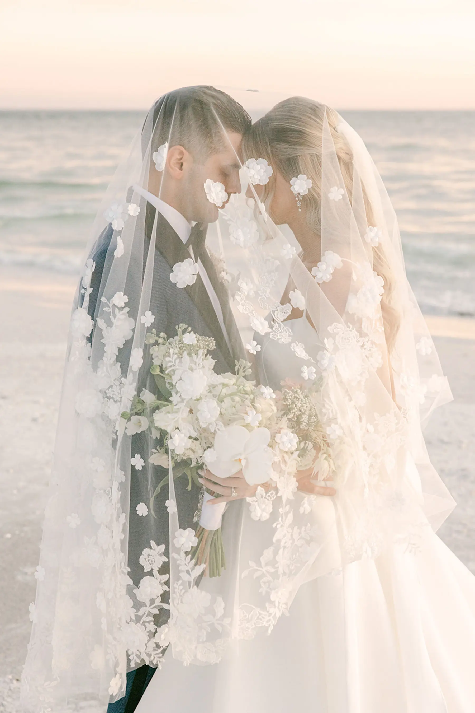 Flower Embroidered Wedding Veil Inspiration | Bride and Groom Beach Wedding Portrait