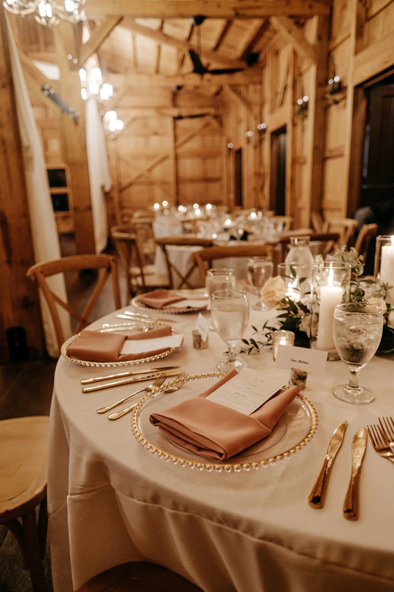 Rustic Garden Pink and Gold Barn Wedding Reception Tablescape Place Setting Decor Ideas