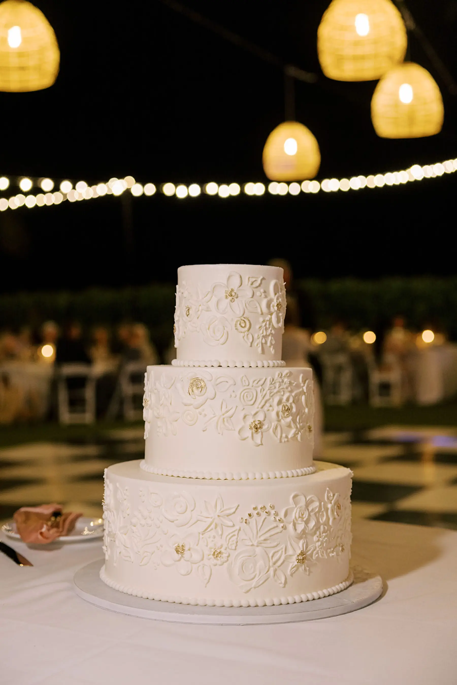 Round Three-Tiered White Wedding Cake with Flower Designs Inspiration
