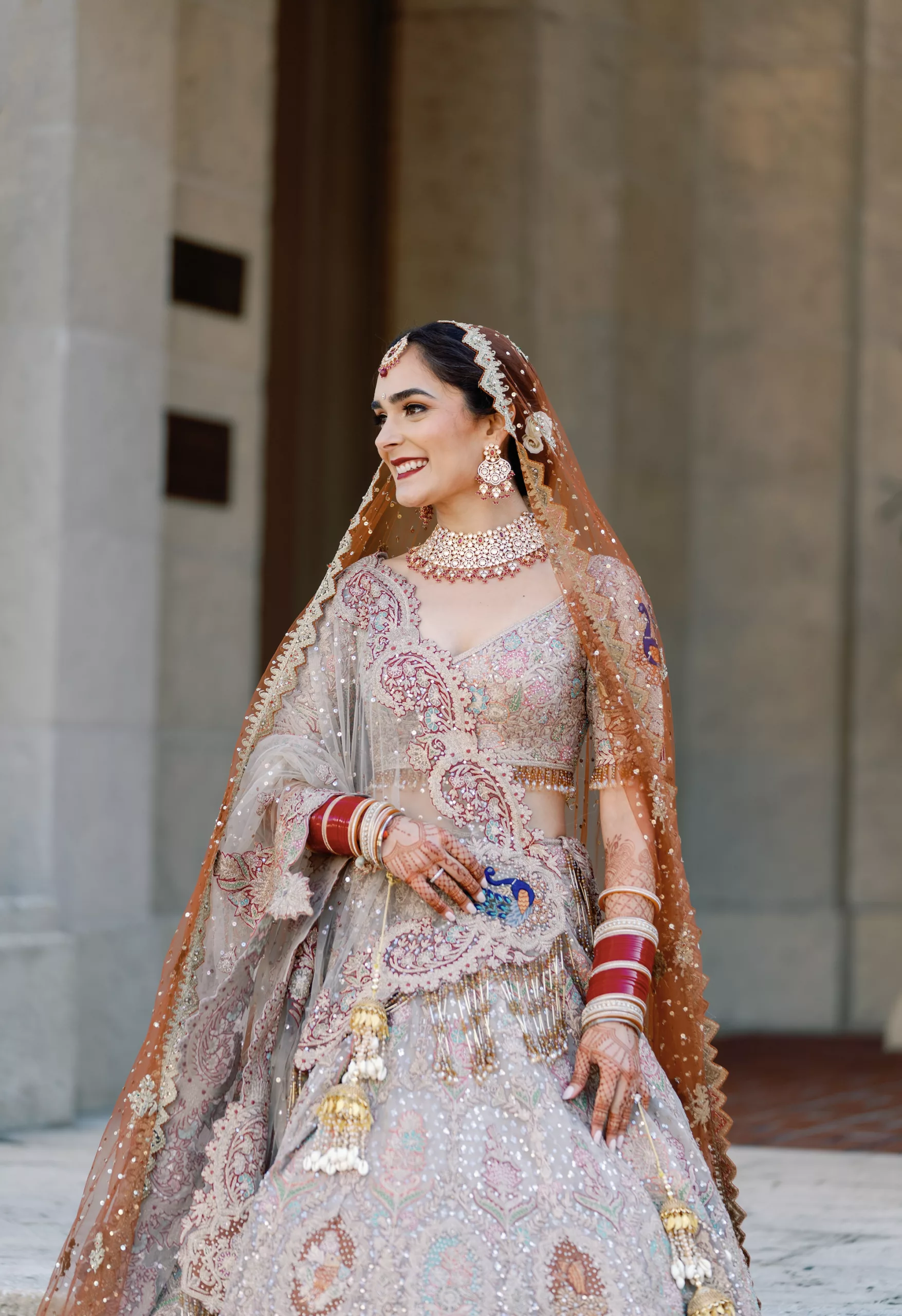 Neutral Burnt Orange and Cream Beaded Rimple and Harpreet Lehenga Indian Wedding Bridal Attire Inspiration | Tampa Bay Hair and Makeup Artist Michele Renee The Studio