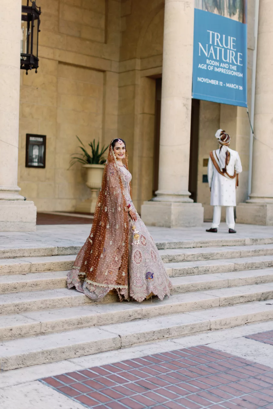 Bride and Groom First Look Wedding Portrait | Neutral Burnt Orange and Cream Beaded Rimple and Harpreet Lehenga Indian Wedding Bridal Attire Inspiration | Tampa Bay Hair and Makeup Artist Michele Renee The Studio