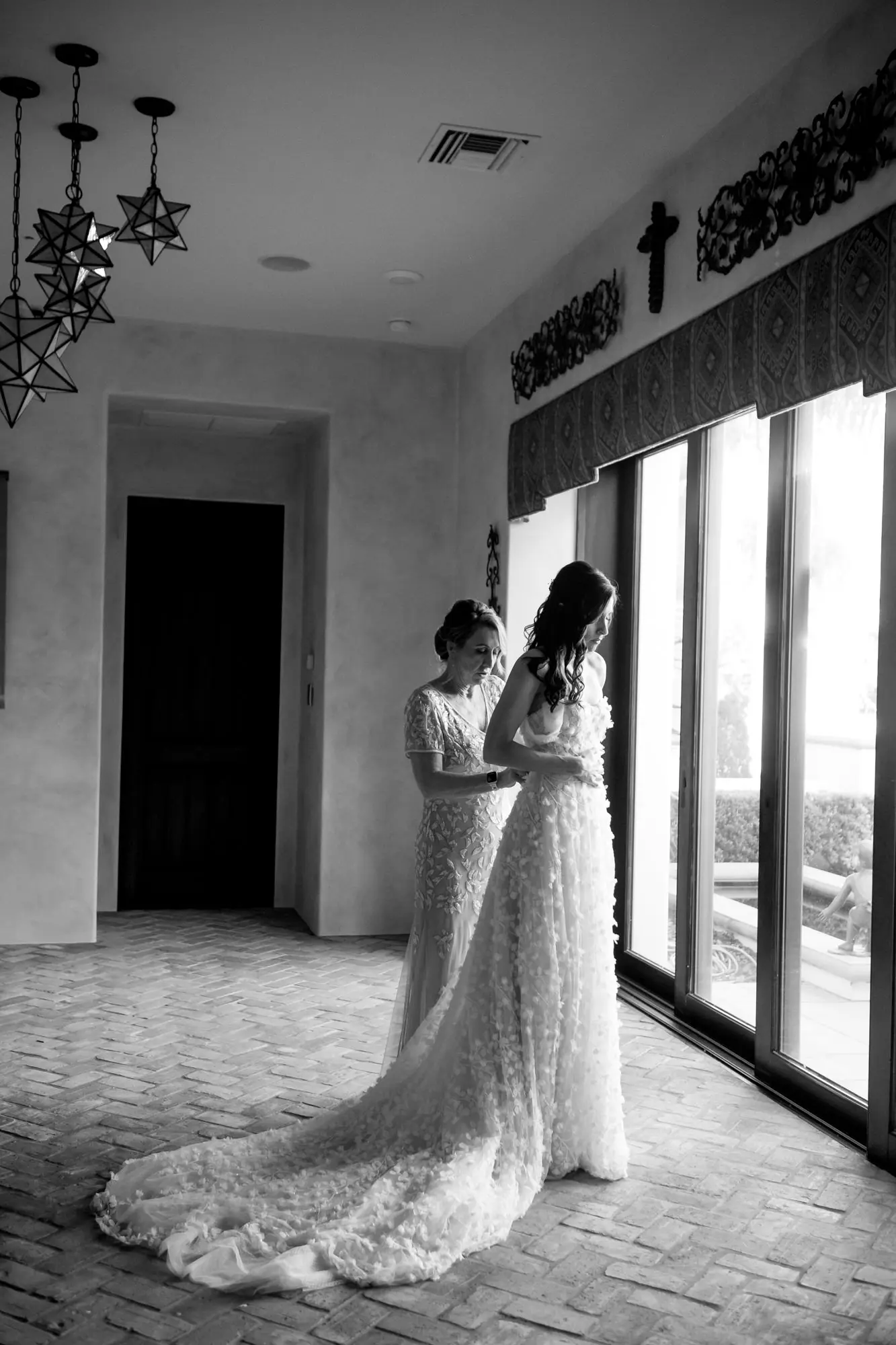 Bride Getting Ready with Mother Wedding Portrait | White Off the Shoulder A-Line Flower Applique Birdy Grey Wedding Dress Ideas