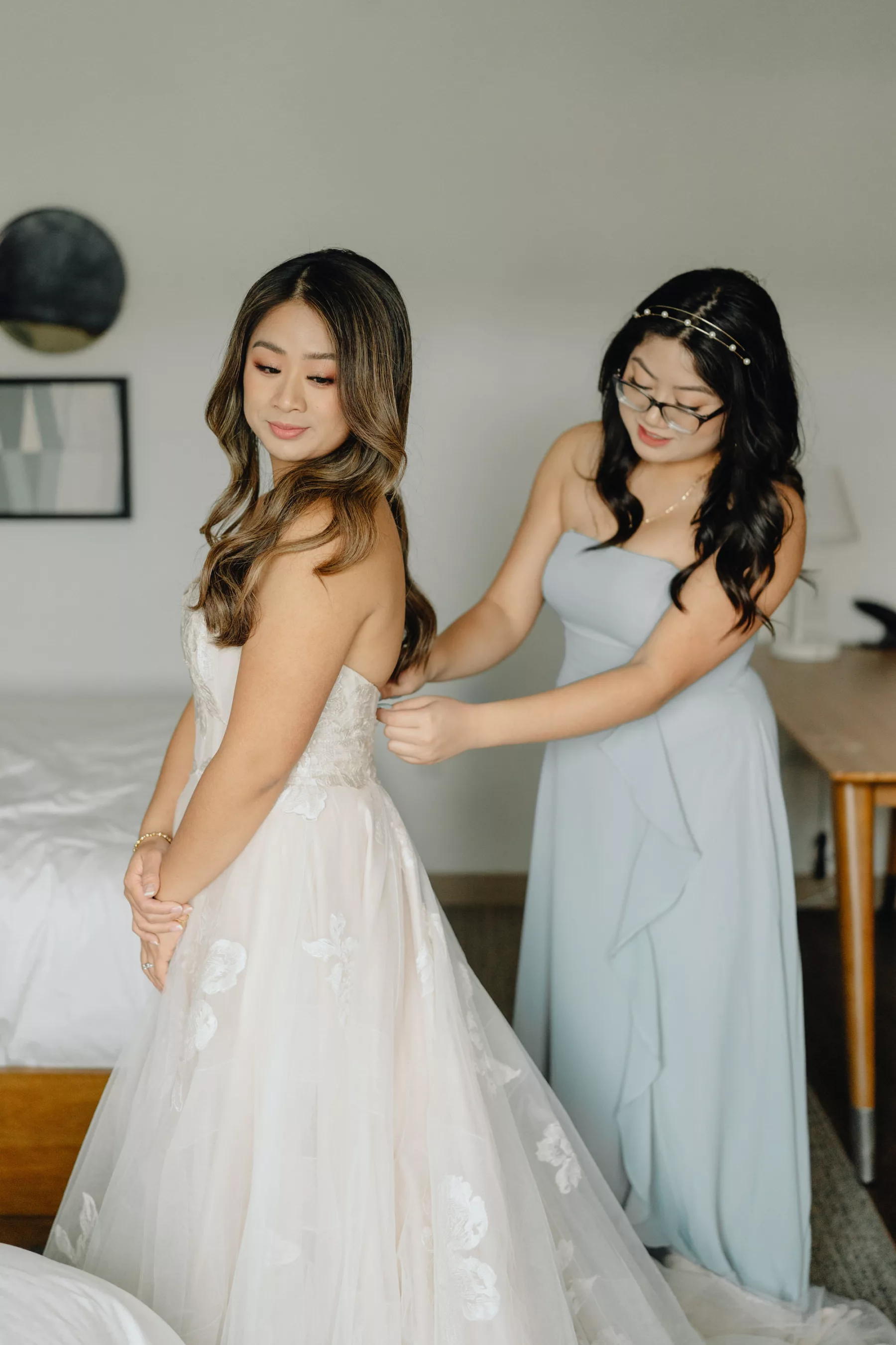 Bride Getting Ready Wedding Portrait | Ivory Strapless Lace A-Line Wedding Dress Inspiration | Sage Green Bridesmaid Dress Ideas
