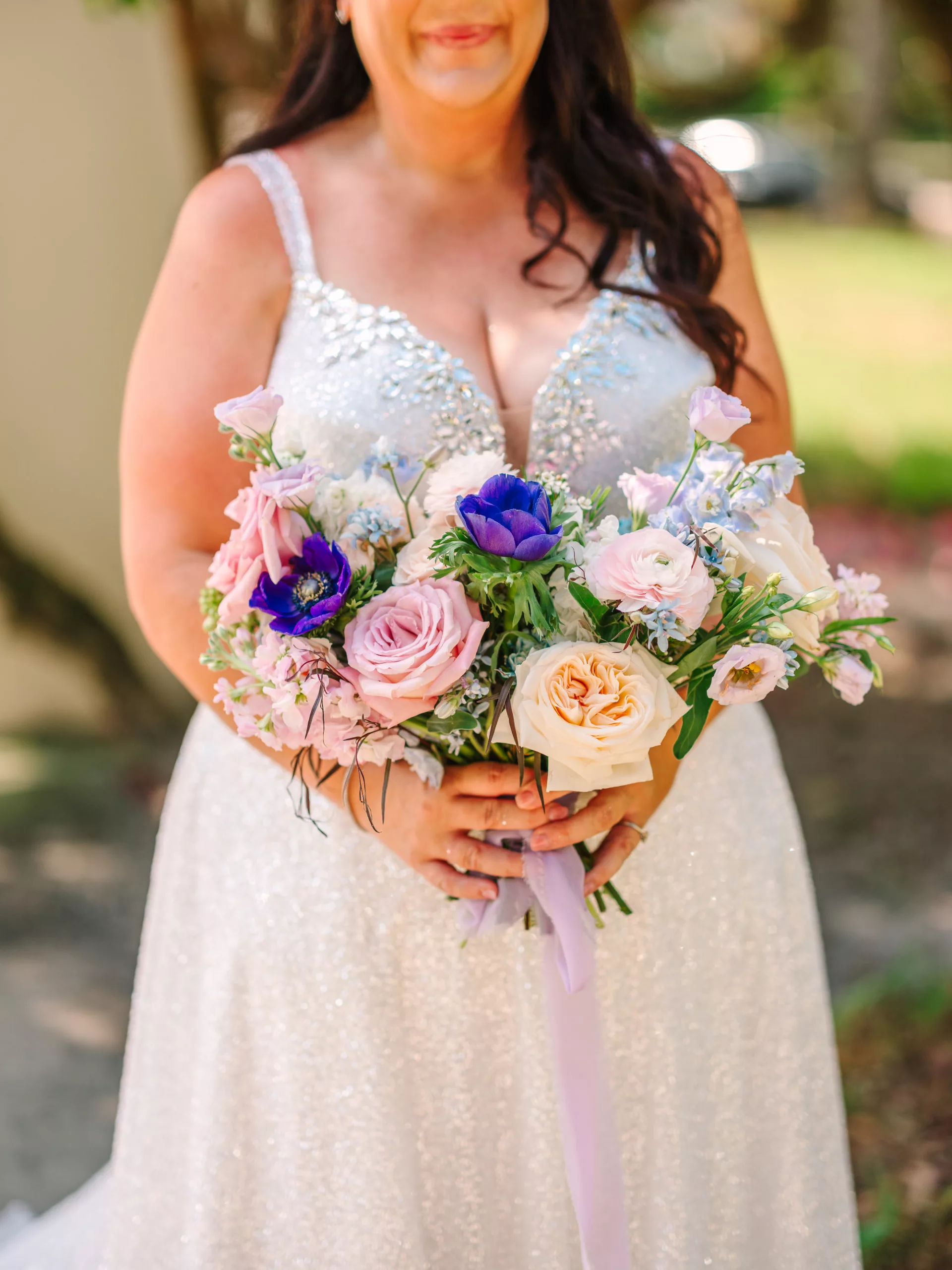 Whimsical Spring Wedding Bouquet with Purple Anemones, Orange and Pink Garden Roses, and Greenery Floral Arrangement Ideas