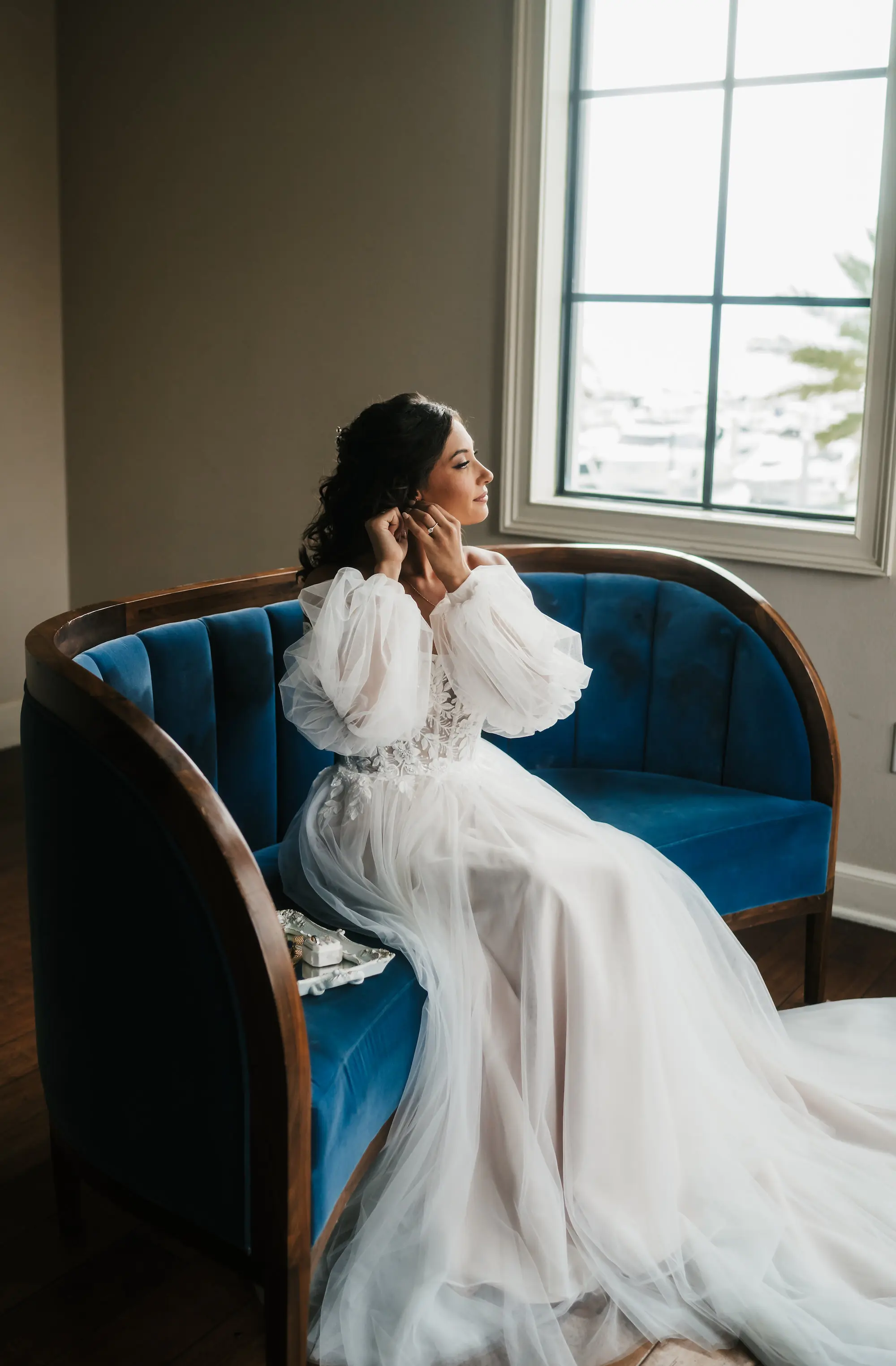 Bride Getting Ready Wedding Portrait | Off The Shoulder Tulle Sleeve Lace A Line Stella York Wedding Dress Inspiration