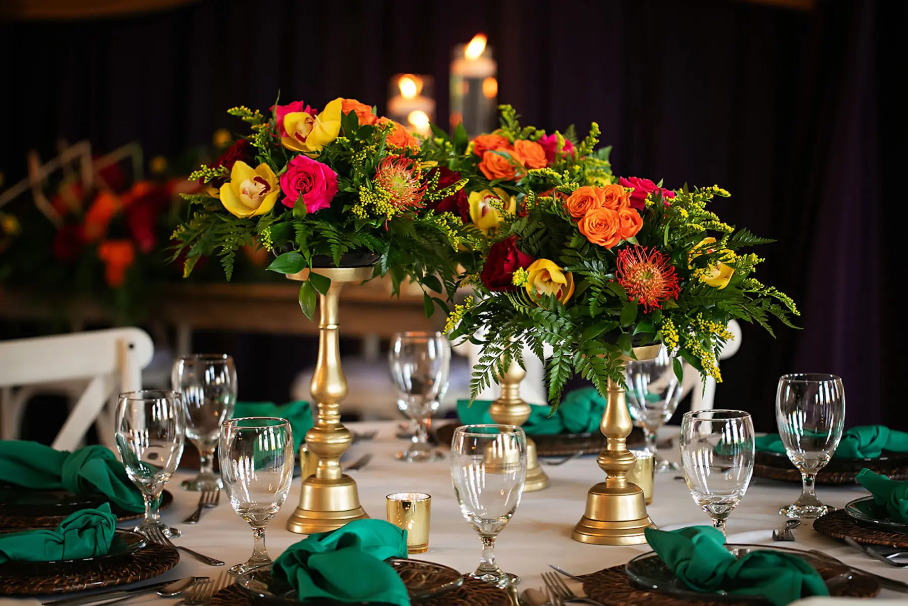 Colorful Tropical Wedding Reception Centerpiece Inspiration | Orange Pincushion Protea, Pink and Red Roses, Ferns and Greenery Floral Arrangement Ideas