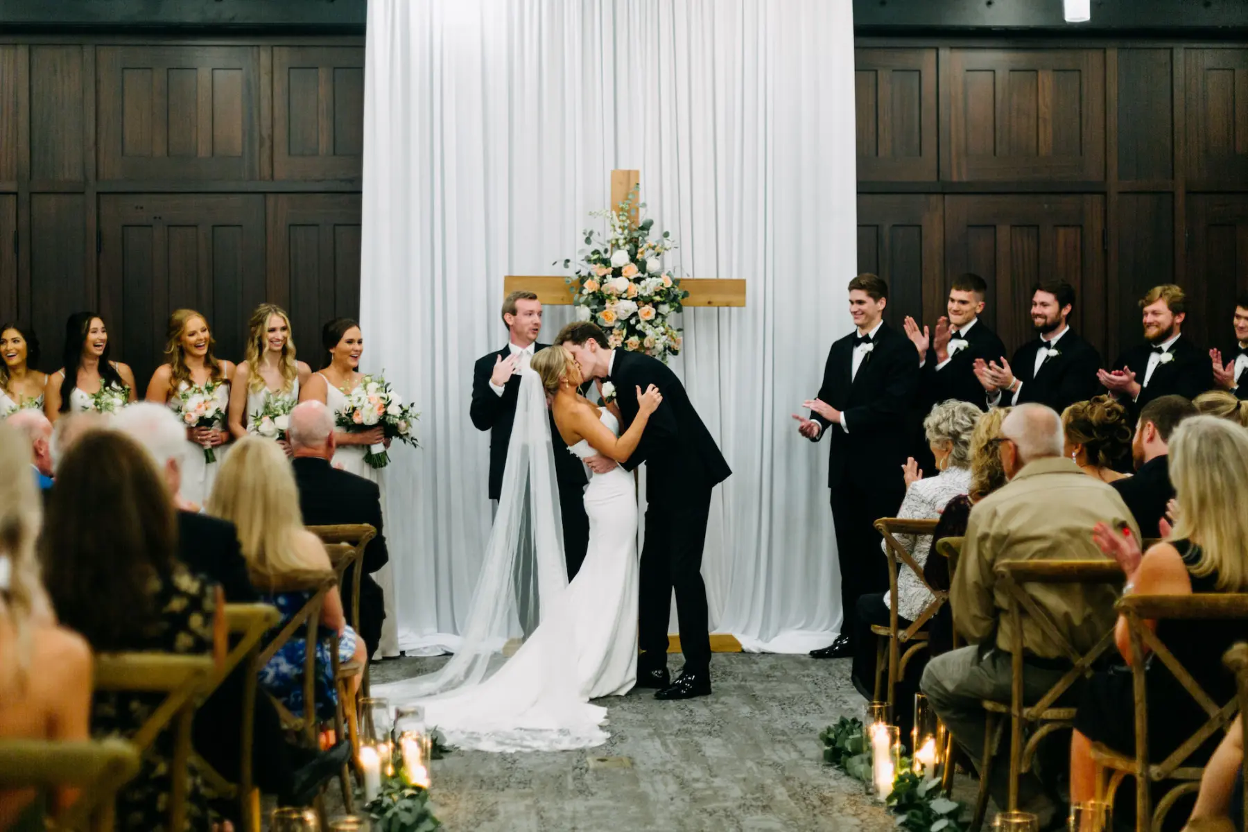 Classic White and Greenery Wedding Ceremony Floral Inspiration with Cross at Altar | Tampa Florist Save the Date Florida | Venue Armature Works | Amber McWhorter Photography