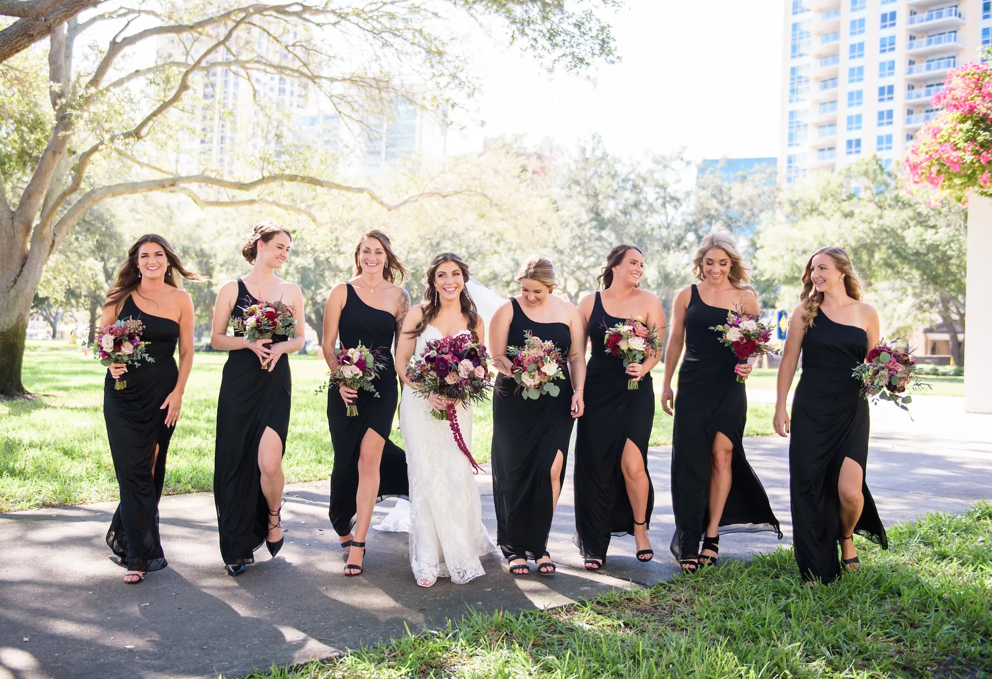 Burgundy and black bridesmaid fashion dresses