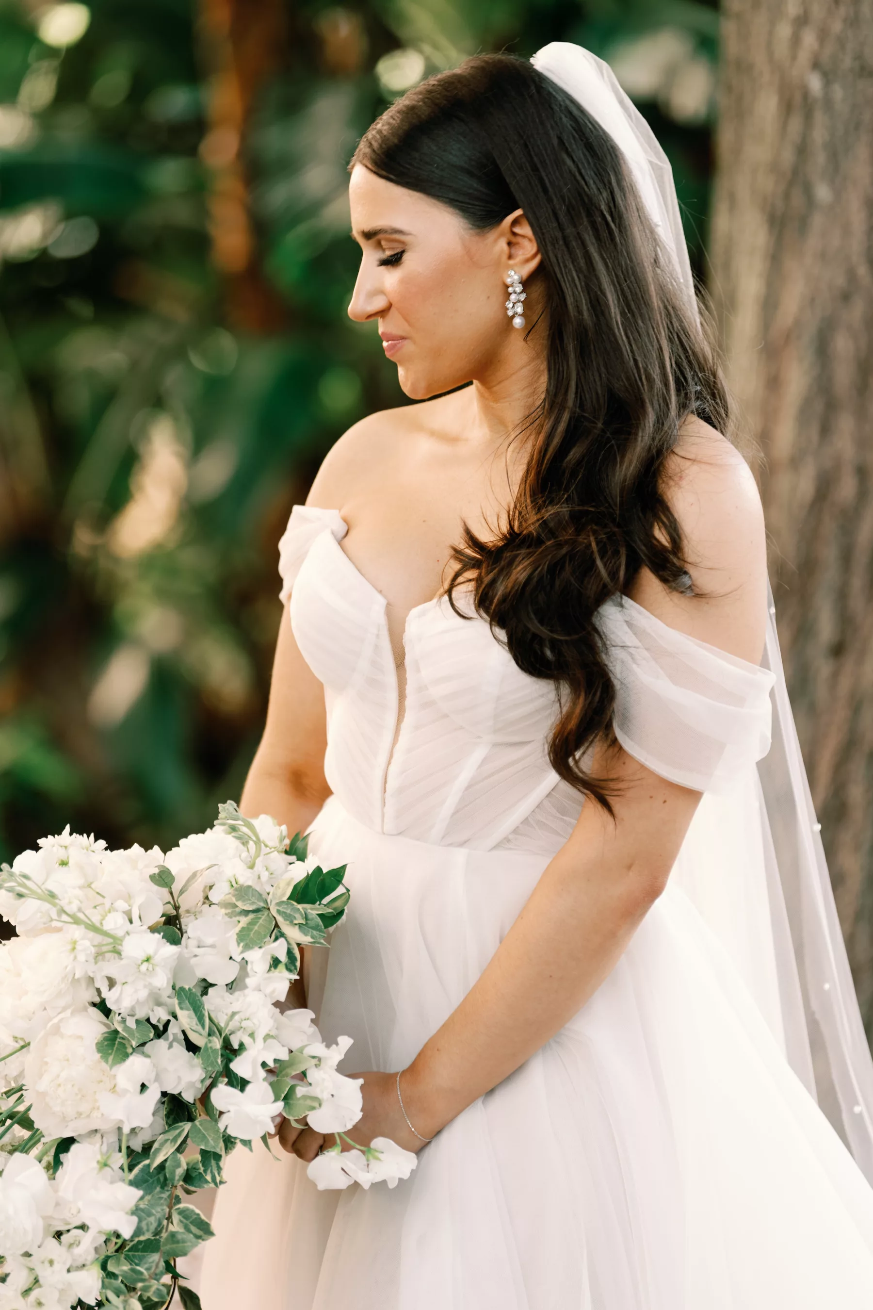 Ivory Off The Shoulder Boned Bodice Chiffon A Line Martina Liana Wedding Dress Inspiration | Romantic Bridal Hair and Makeup Ideas