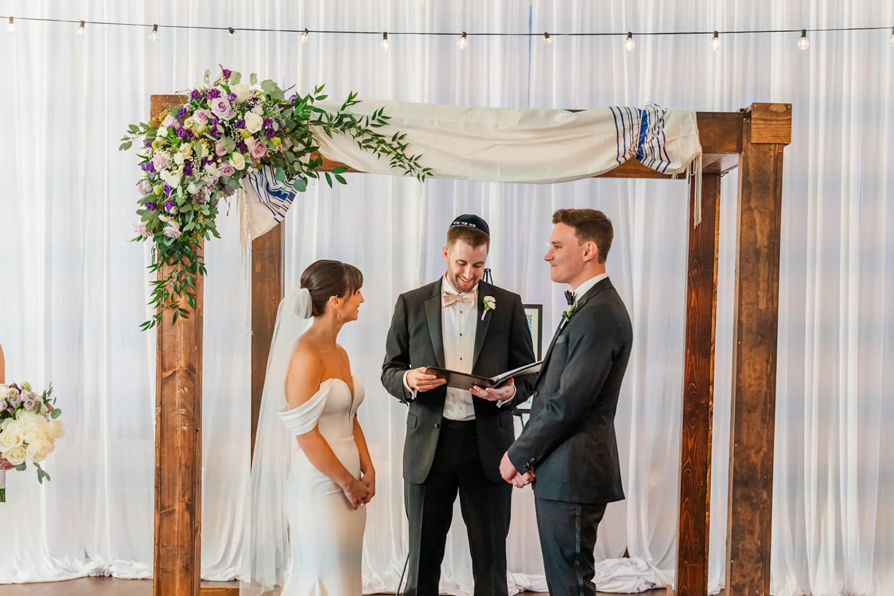 Elegant Wooden Wedding Jewish Ceremony Chuppah Arch with Purple Spring Floral Inspiration