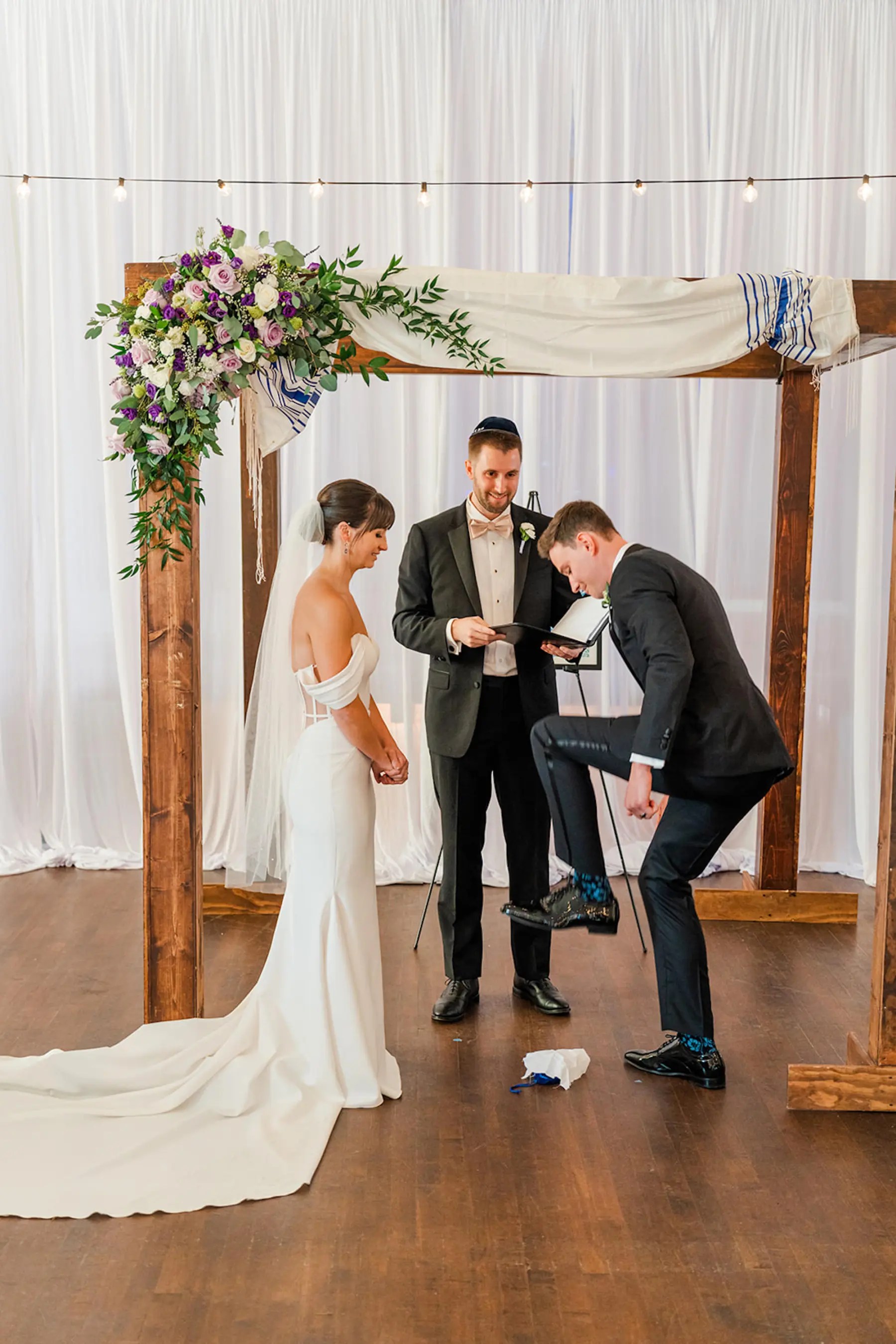 Elegant Wooden Wedding Jewish Ceremony Chuppah Arch with Purple Spring Floral Inspiration | Smashing the Glass