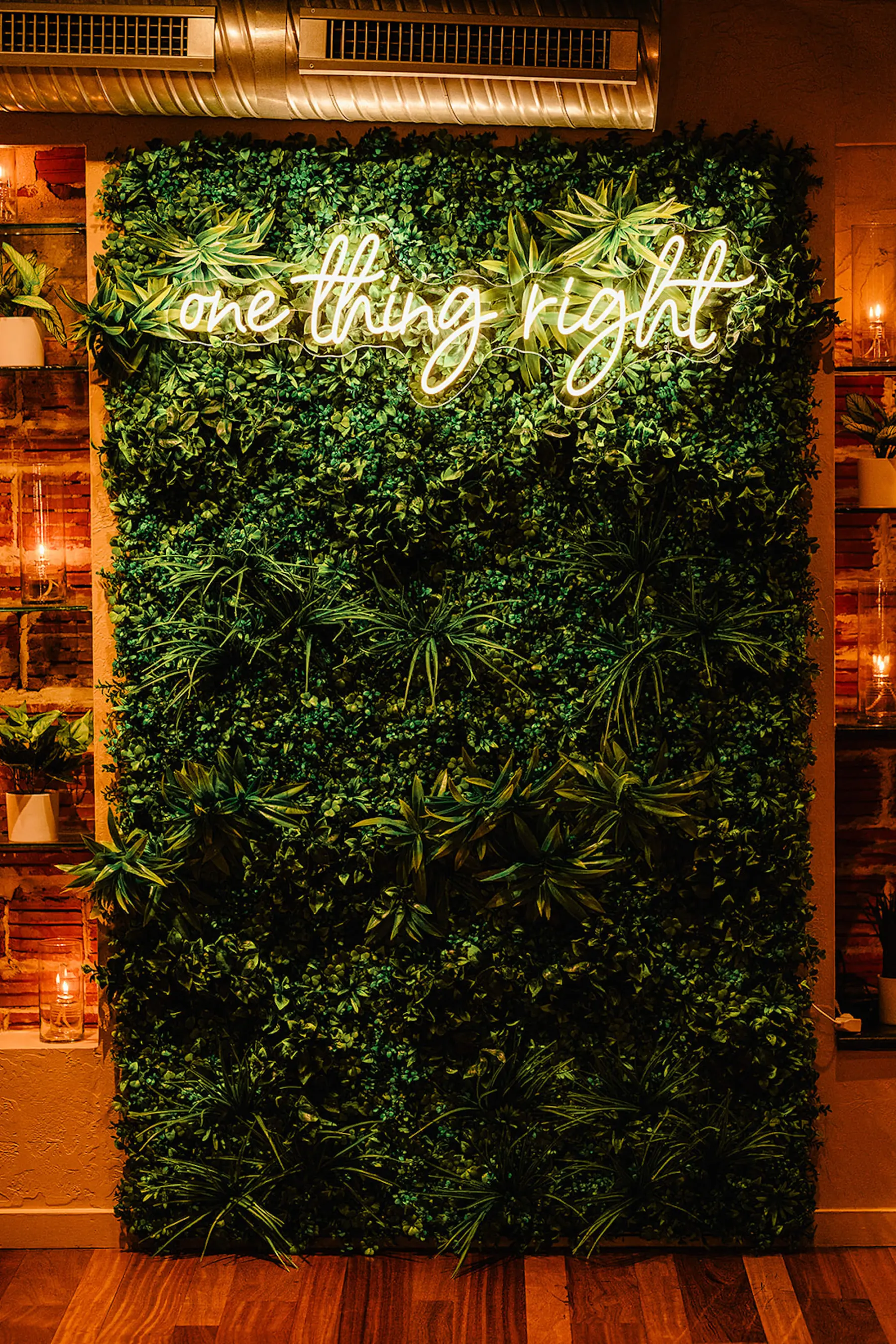 One Thing Right Neon Sign with Grass Wall Backdrop Wedding Reception Decor Ideas