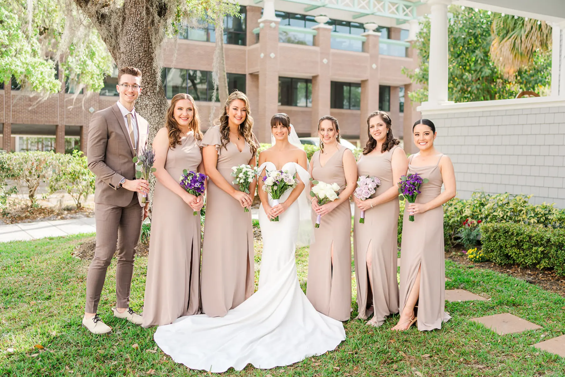 Mismatched Tan Neutral Birdy Grey Bridesmaids Dresses with Tan Suit | Wedding Party Inspiration