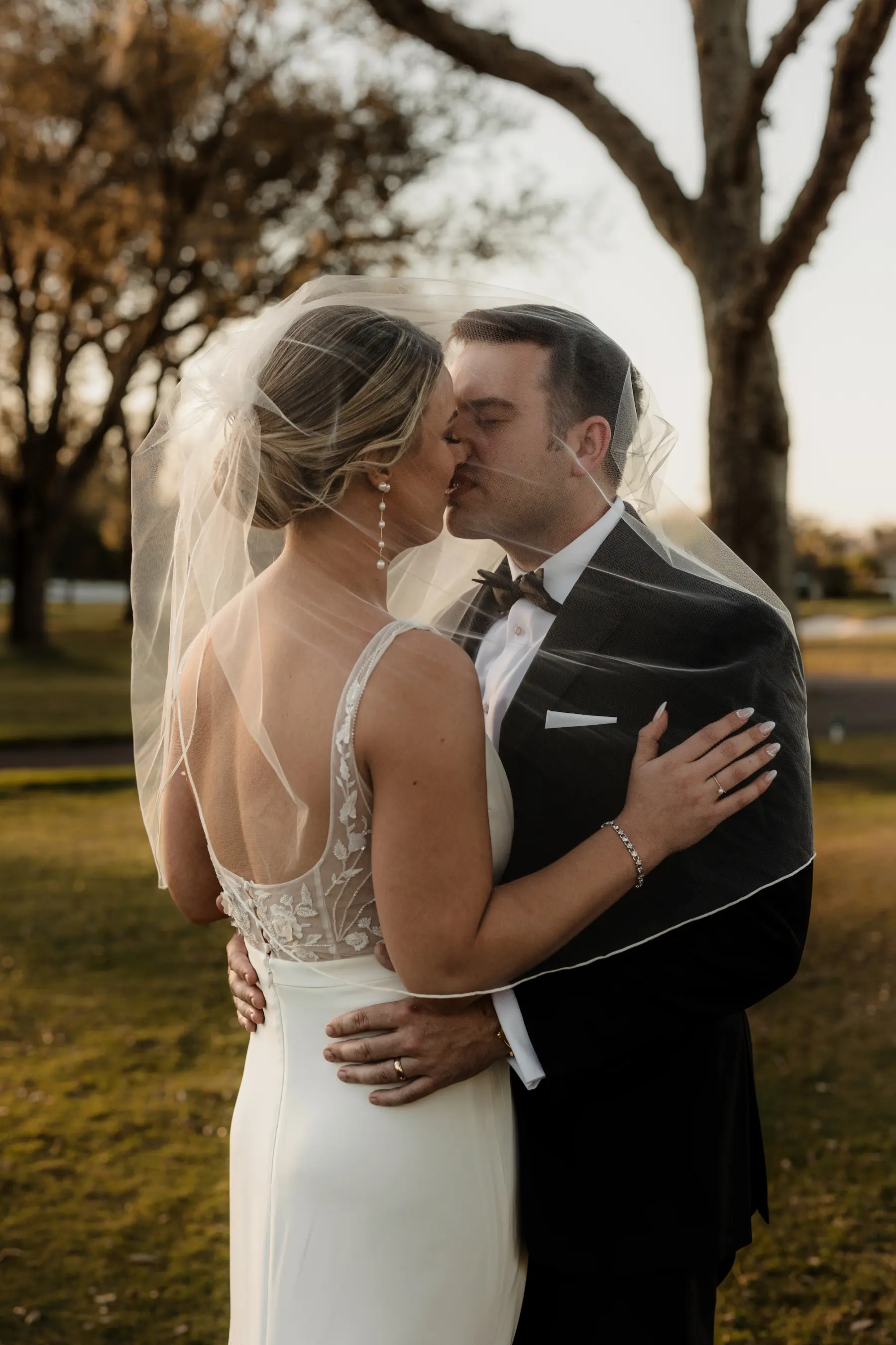 Romantic Bride and Groom Golf Course Wedding Portrait