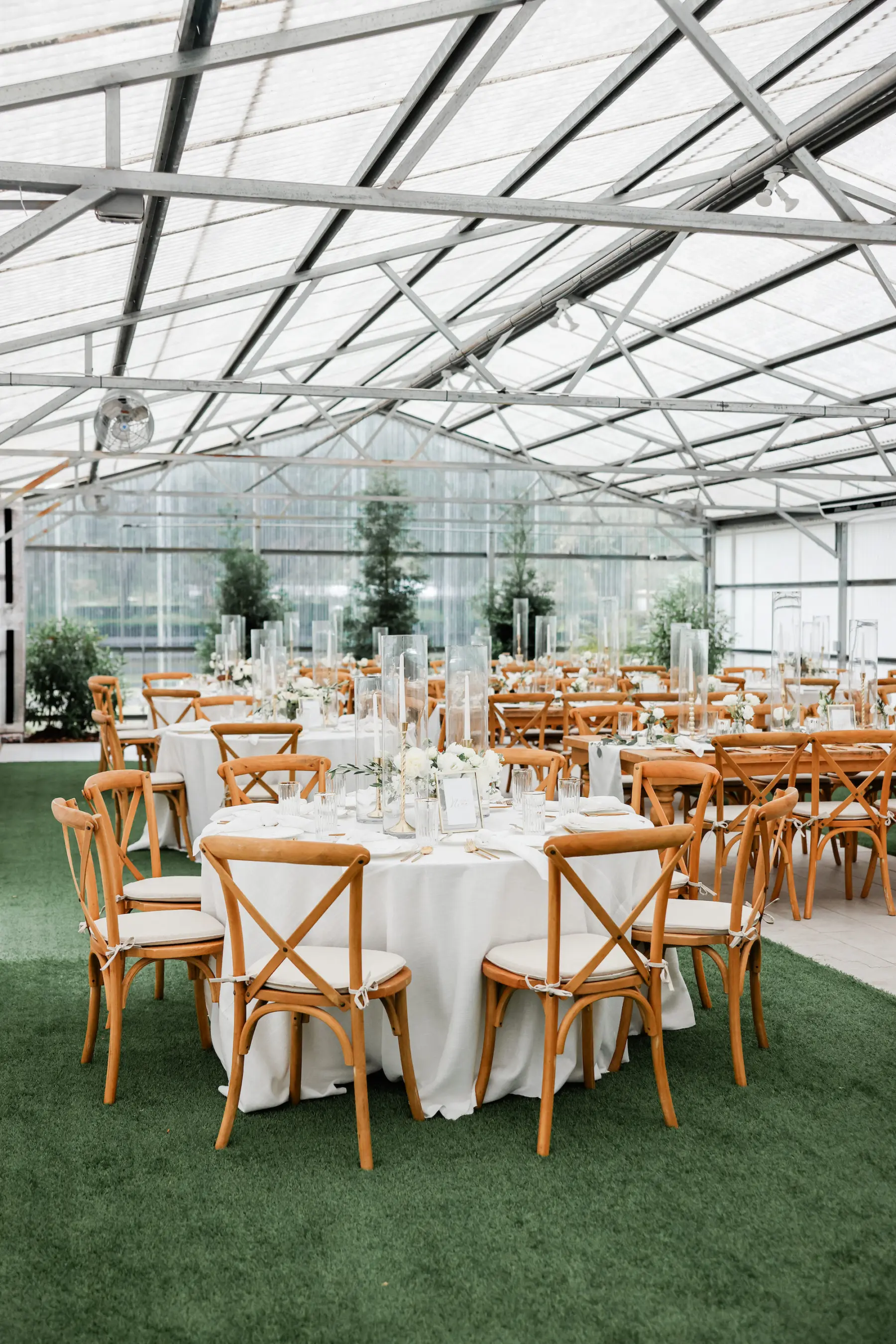 Clear Tented Classic White and Gold Wedding Reception Inspiration | Wooden Tables and Crossback Chairs | Tampa Bay Kate Ryan Event Rentals