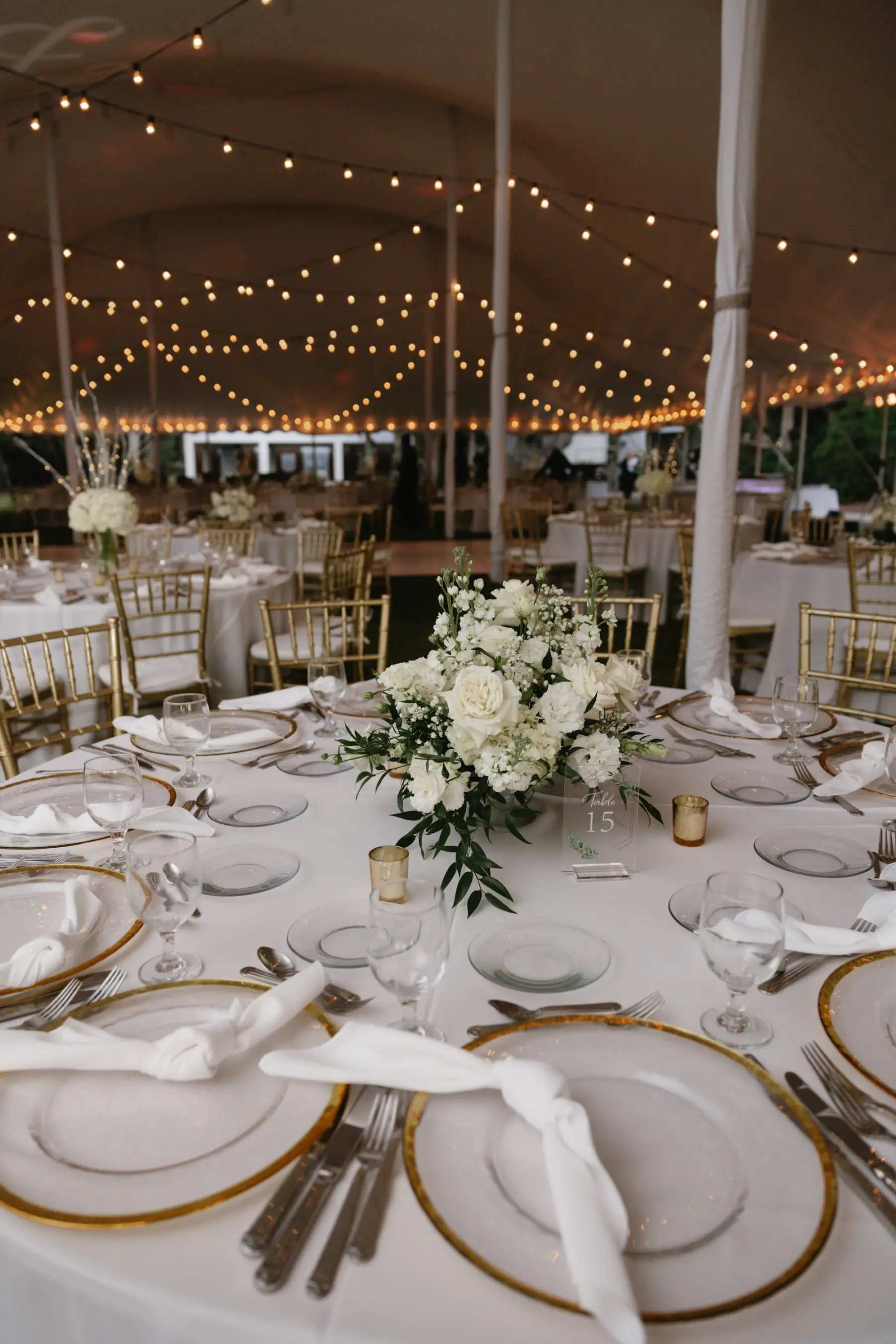 Classic White and Gold Wedding Reception Inspiration | White Roses, Baby's Breath, Hydrangea, and Greenery Centerpiece Decor Ideas | Tampa Bay Florist Beneva Florals