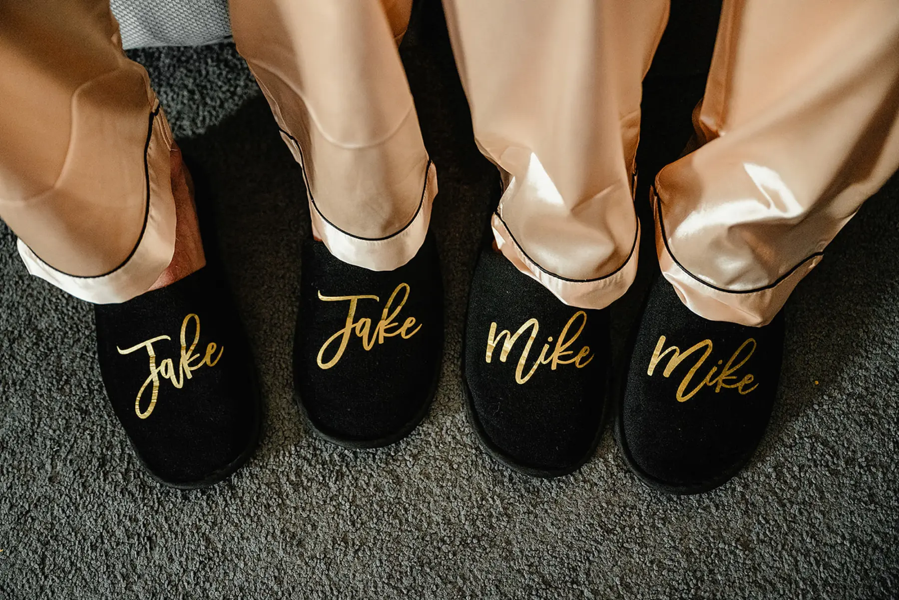 Groom Wedding Day Get Ready Attire Inspiration | Custom Name Matching Black and Gold Slippers | Gold Satin Pajamas