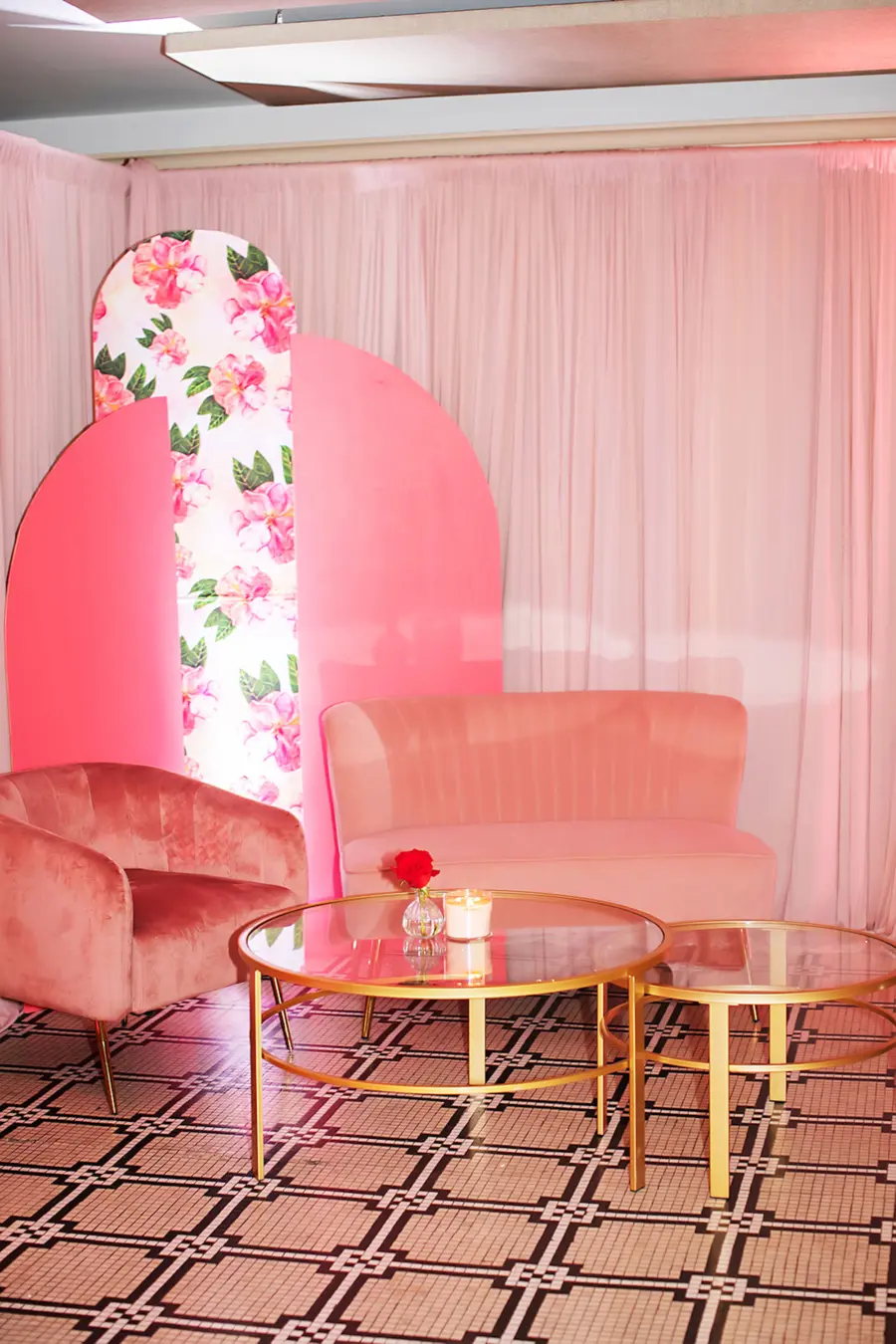 Whimsical Colorful Wedding Reception Lounge Inspiration | Pink Vintage Velvet Chairs with Floral Arch Backdrop Ideas