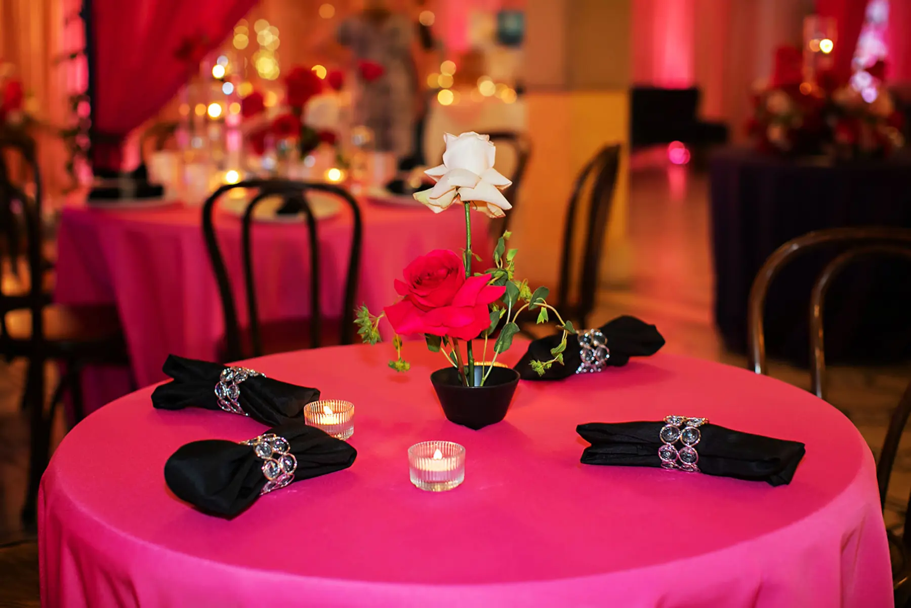 Pink and Black Wedding Reception Inspiration | Pink and Red Rose Centerpiece Decor Ideas | Tampa Bay Outside The Box Rentals