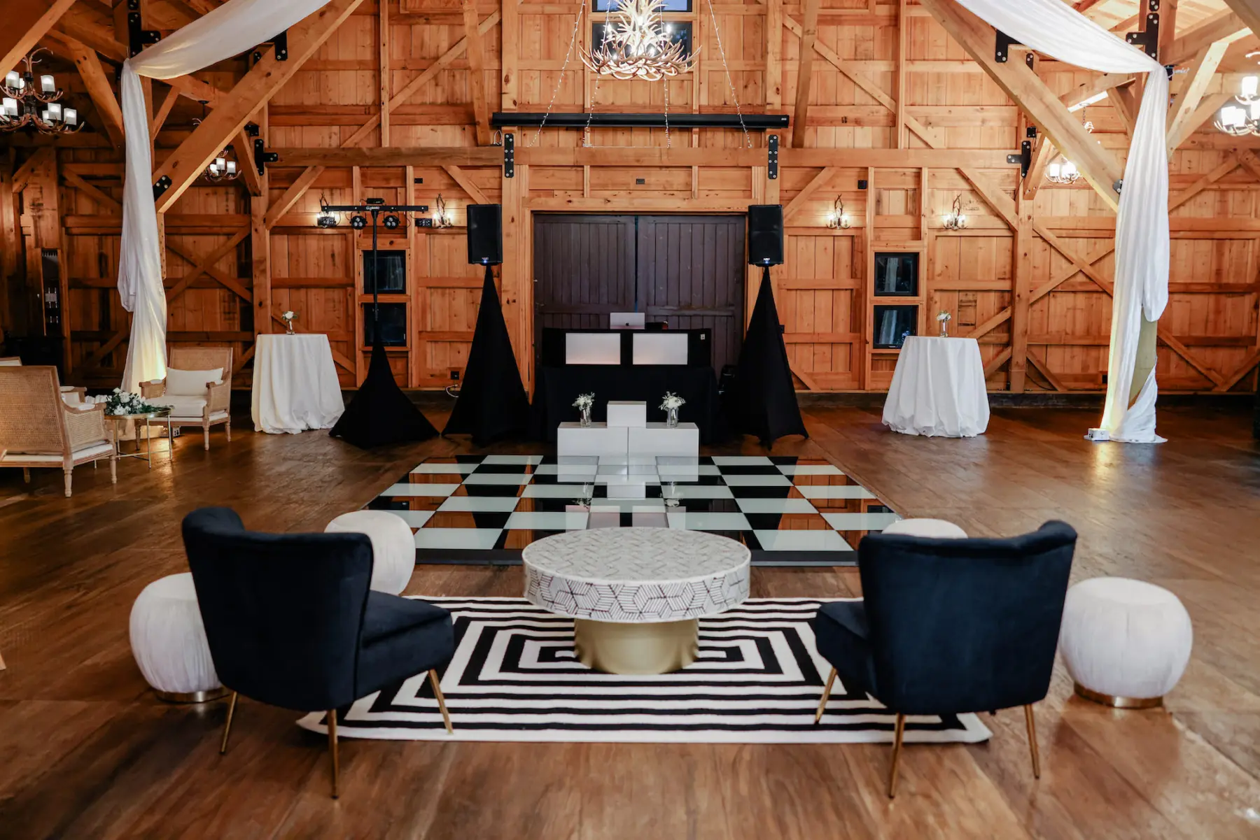 Modern Black and White Checkered Dance Floor with Lounge | Tampa Bay Kate Ryan Event Rentals
