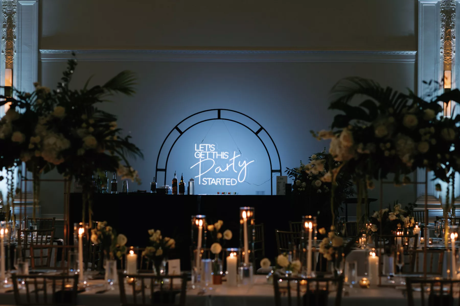 Let's Get This Party Started Neon Wedding Reception Bar Sign Backdrop Ideas | St Pete Planner Coastal Coordinating