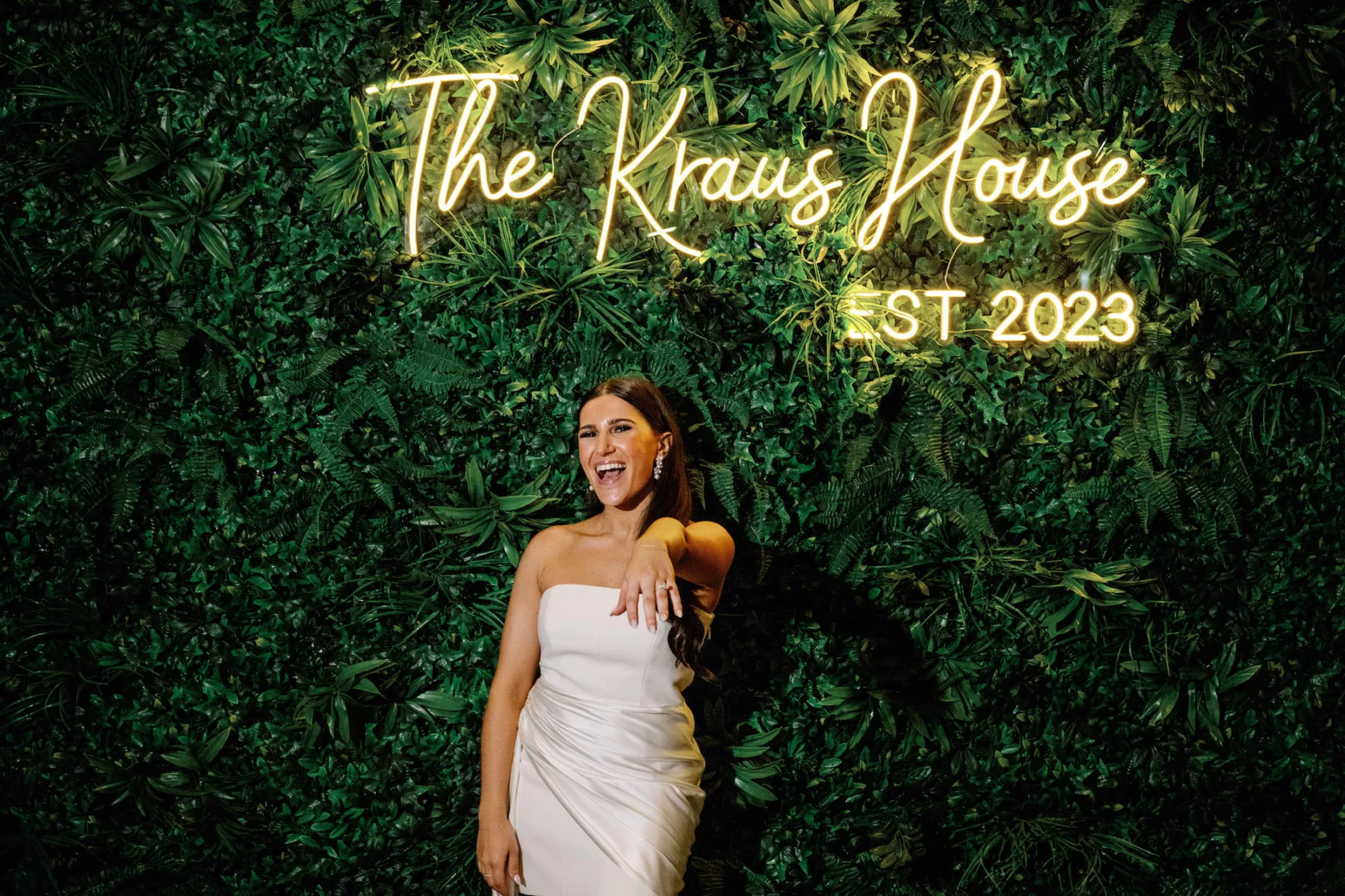 Custom Neon Sign with Grass Wall Backdrop Wedding Reception Decor Ideas
