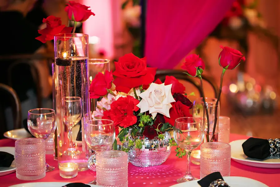 Pink and Black Wedding Reception Inspiration | Floating Candles, Pink and Red Rose Centerpiece Decor Ideas | Tampa Bay Outside The Box Rentals
