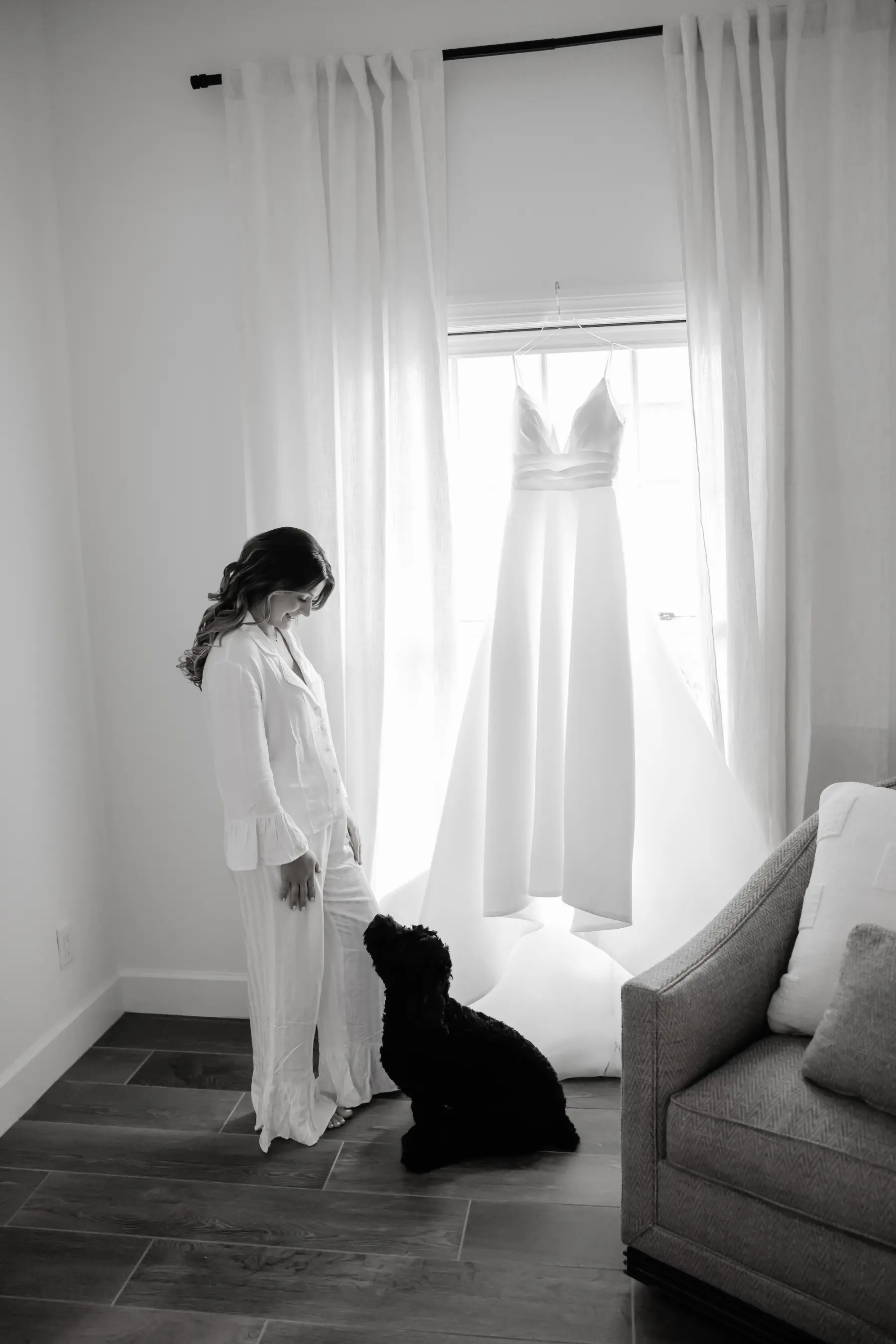 Bride and Dog Getting Ready Wedding Portrait