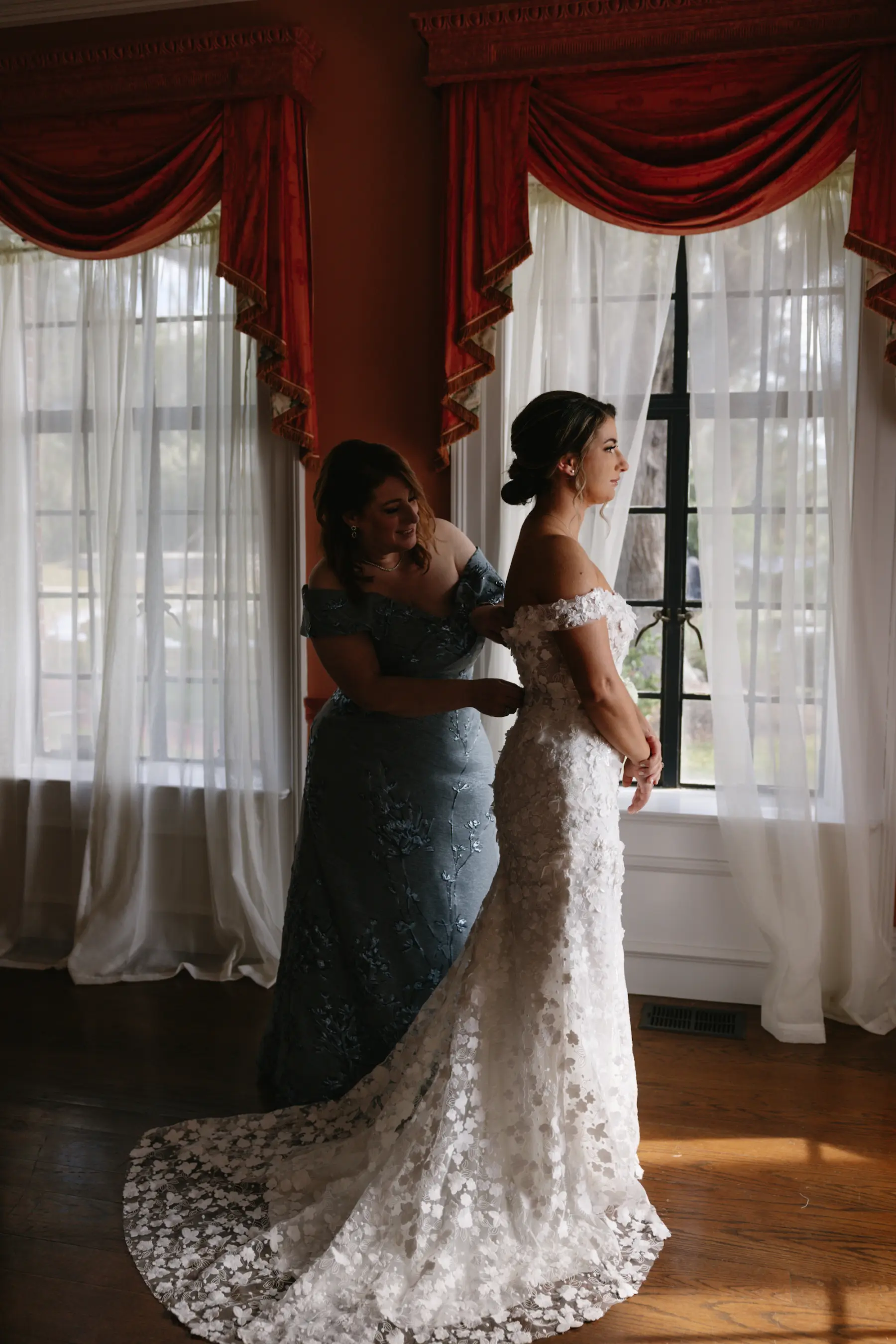 Bride and Mother Getting Ready Wedding Portrait | White Off The Shoulder Lace Fit and Flare Milla Nova Wedding Dress Ideas | Sarasota Photographer Arianna J Photography