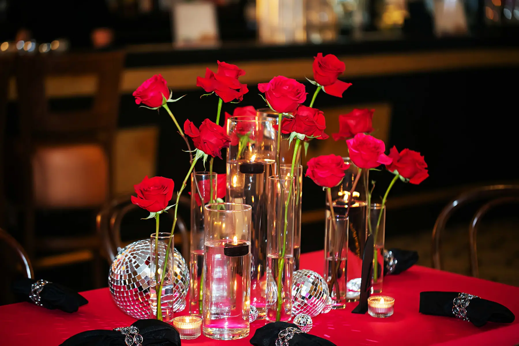 Moody Wedding Reception Red Roses In Bud Vase and Disco Ball Centerpiece Decor Ideas