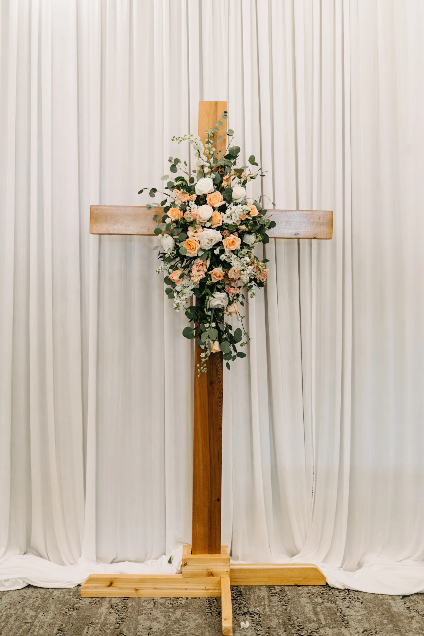 Classic White and Greenery Wedding Ceremony Floral Inspiration with Cross at Altar | Tampa Florist Save the Date Florida