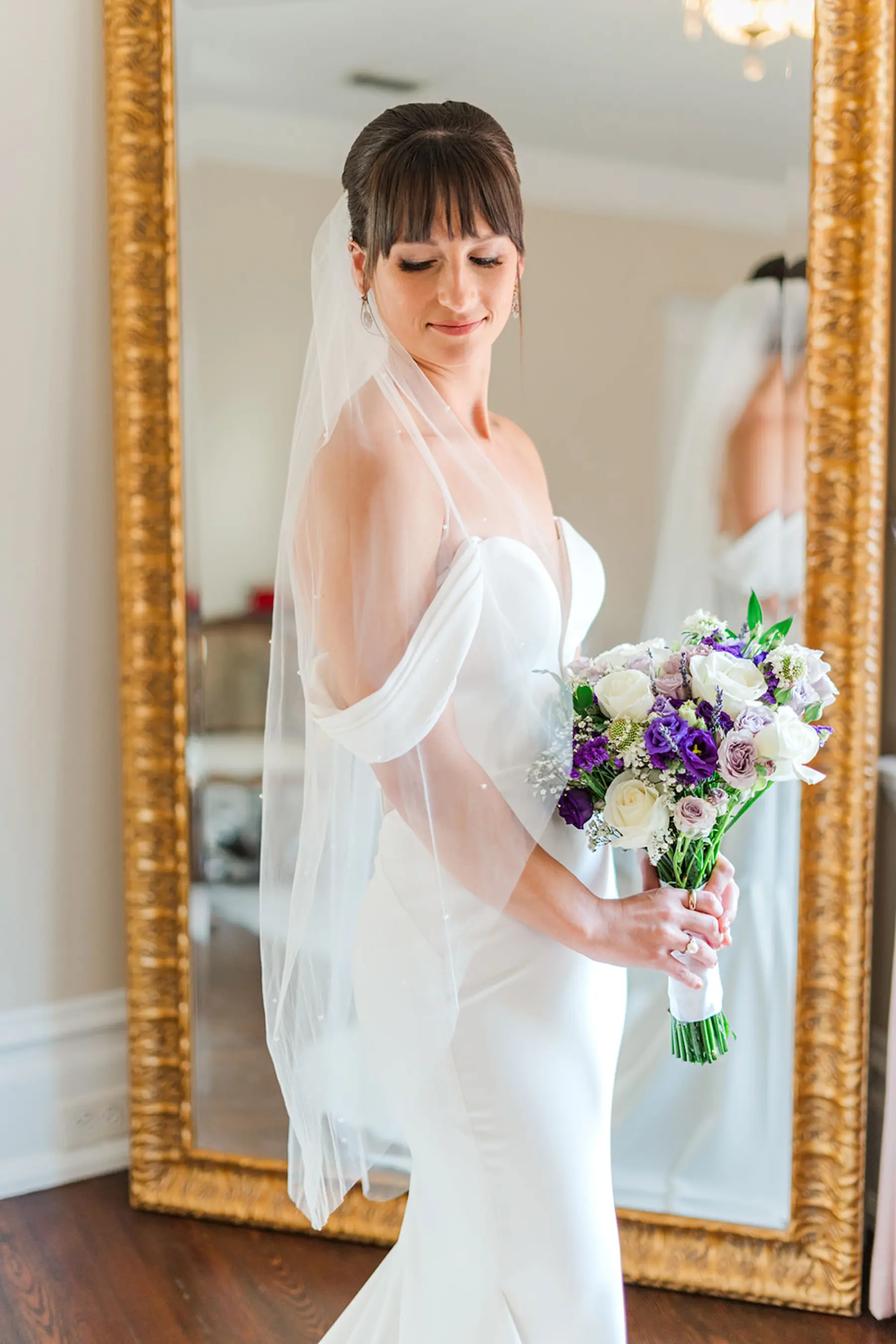 Elegant Sweetheart Wedding Dress with Straps with Veil Ideas | Purple Spring Floral Bouquet | South Tampa Photographer Eddy Almaguer Photography 