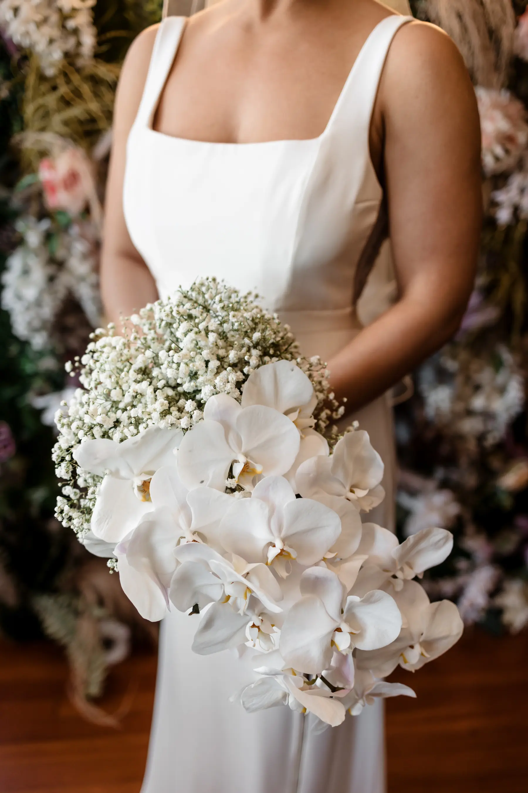 Timeless Classic Cascading White Orchid and Baby's Breath Wedding Bridal Bouquet Inspiration