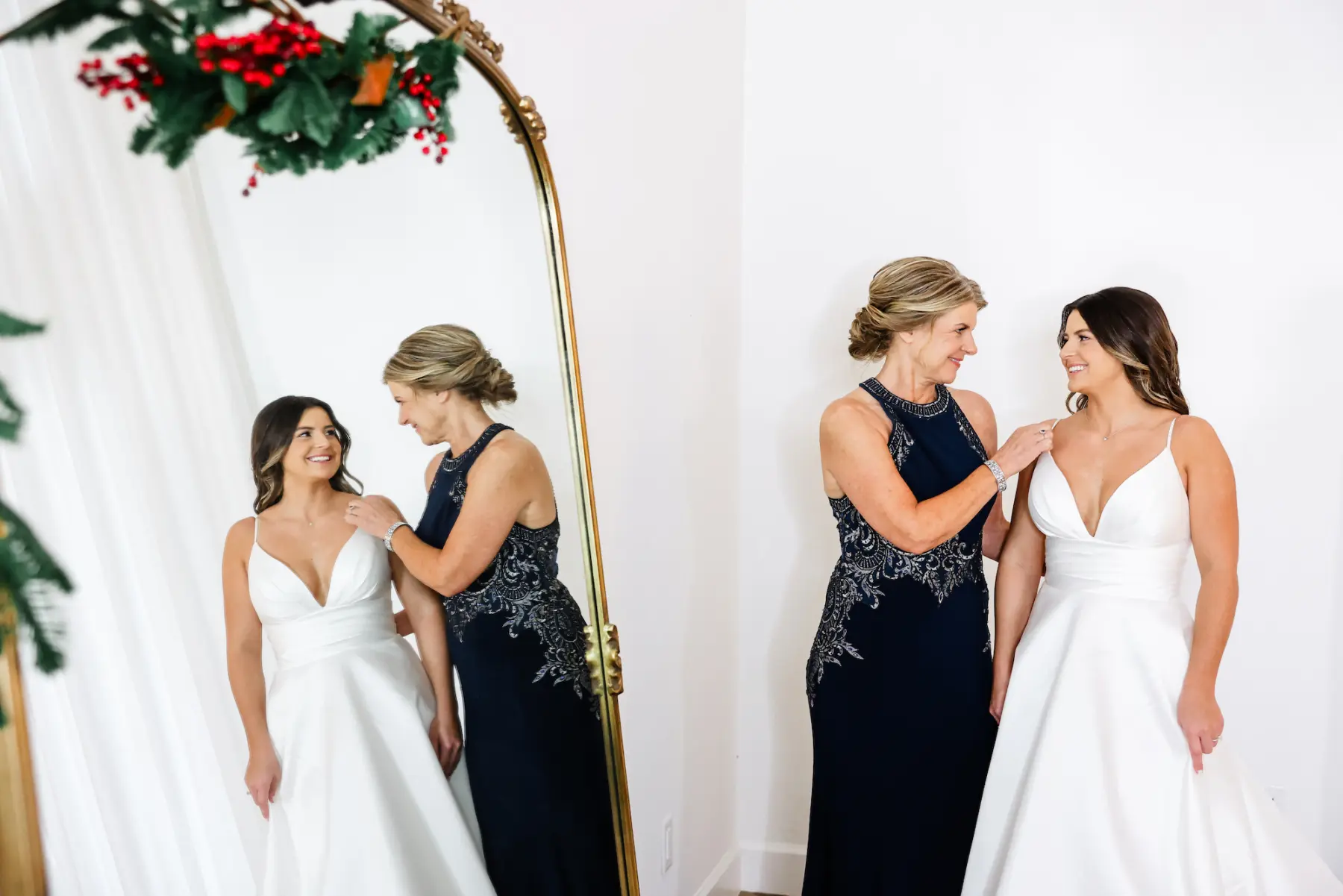 Bride and Mother Getting Ready Wedding Portrait | Classic White A Line Martina Liana Wedding Dress Inspiration | Tampa Bay Hair and Makeup Artist Adore Bridal Hair and Makeup