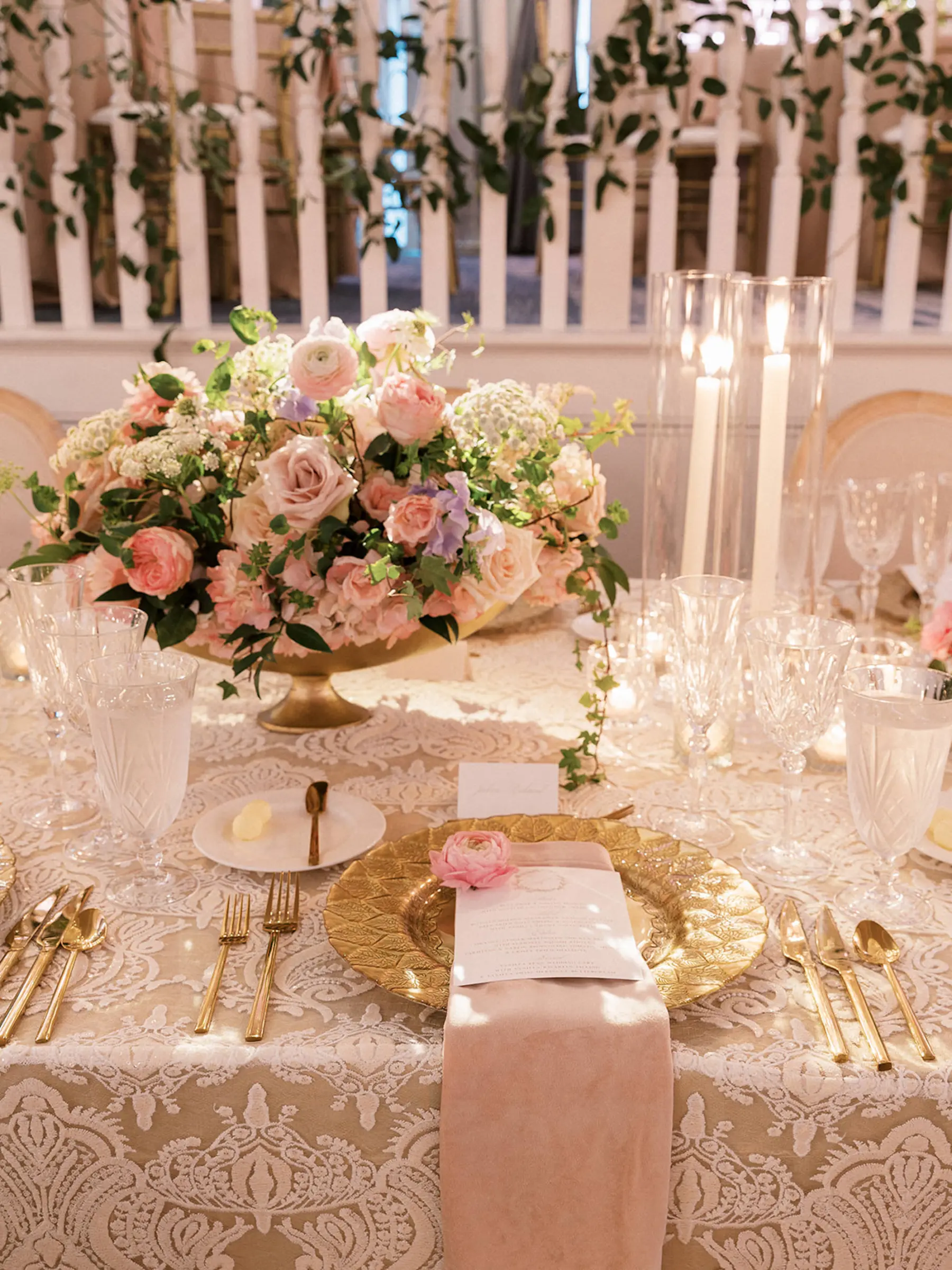 Neutral Pink, White, and Gold Garden Inspired Wedding Reception Place Setting Ideas | Whimsical Pink Rose, Anemone, Purple and White Flower Centerpiece Inspiration | Tampa Bay Planner Unique Weddings and Events