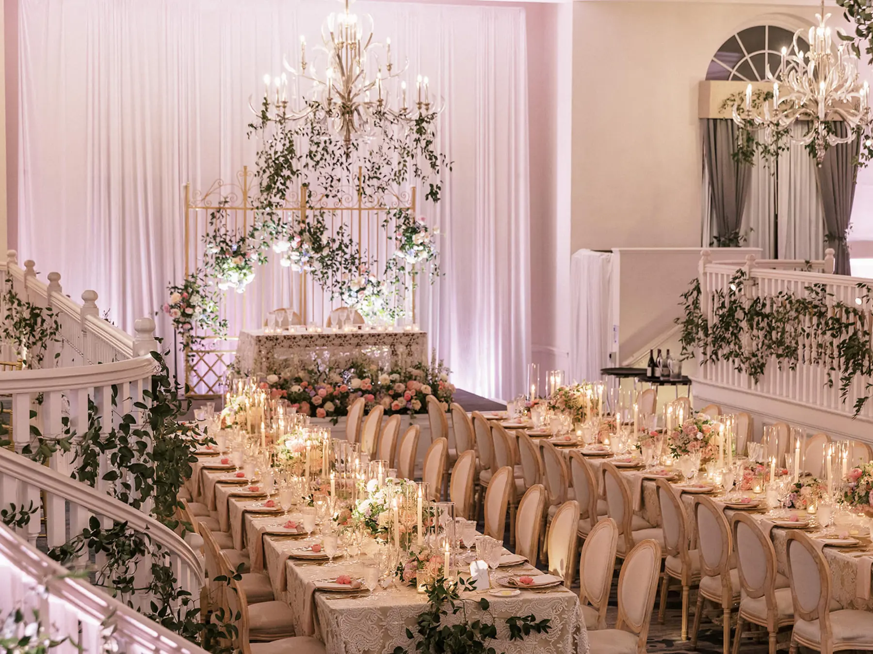 Whimsical Bridgerton Garden Ballroom Wedding Reception Inspiration | Long Feasting Tables | Greenery Garland Decor Ideas | Tampa Bay Event Venue Don CeSar | St Pete Planner Unique Weddings and Events | A Chair Affair | Kate Ryan Event Rentals