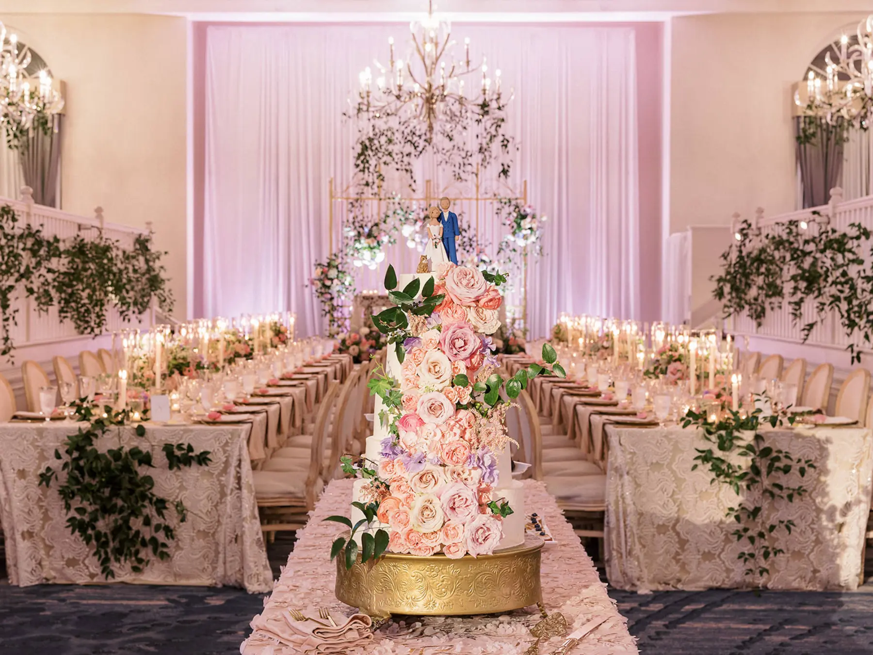 Whimsical Bridgerton Ballroom Wedding Reception Cake Table Inspiration | Cascading Pink Roses on Five-Tiered Wedding Cake Ideas | Tampa Bay Event Venue Don CeSar | St Pete Planner Unique Weddings and Events