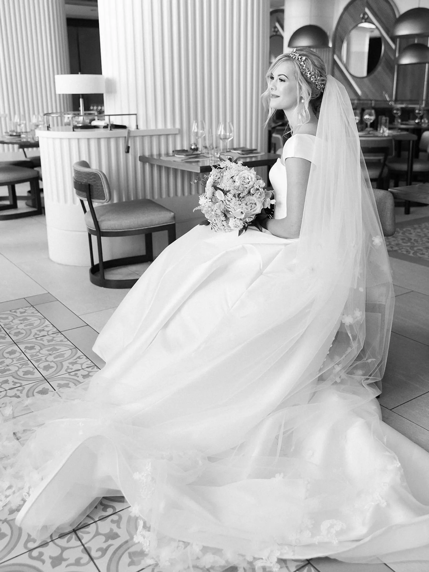 Classic White Cap Sleeve A-Line Ballgown Sareh Nouri Wedding Dress and Flower Applique Veil Inspiration | Cathedral Length Veil Ideas