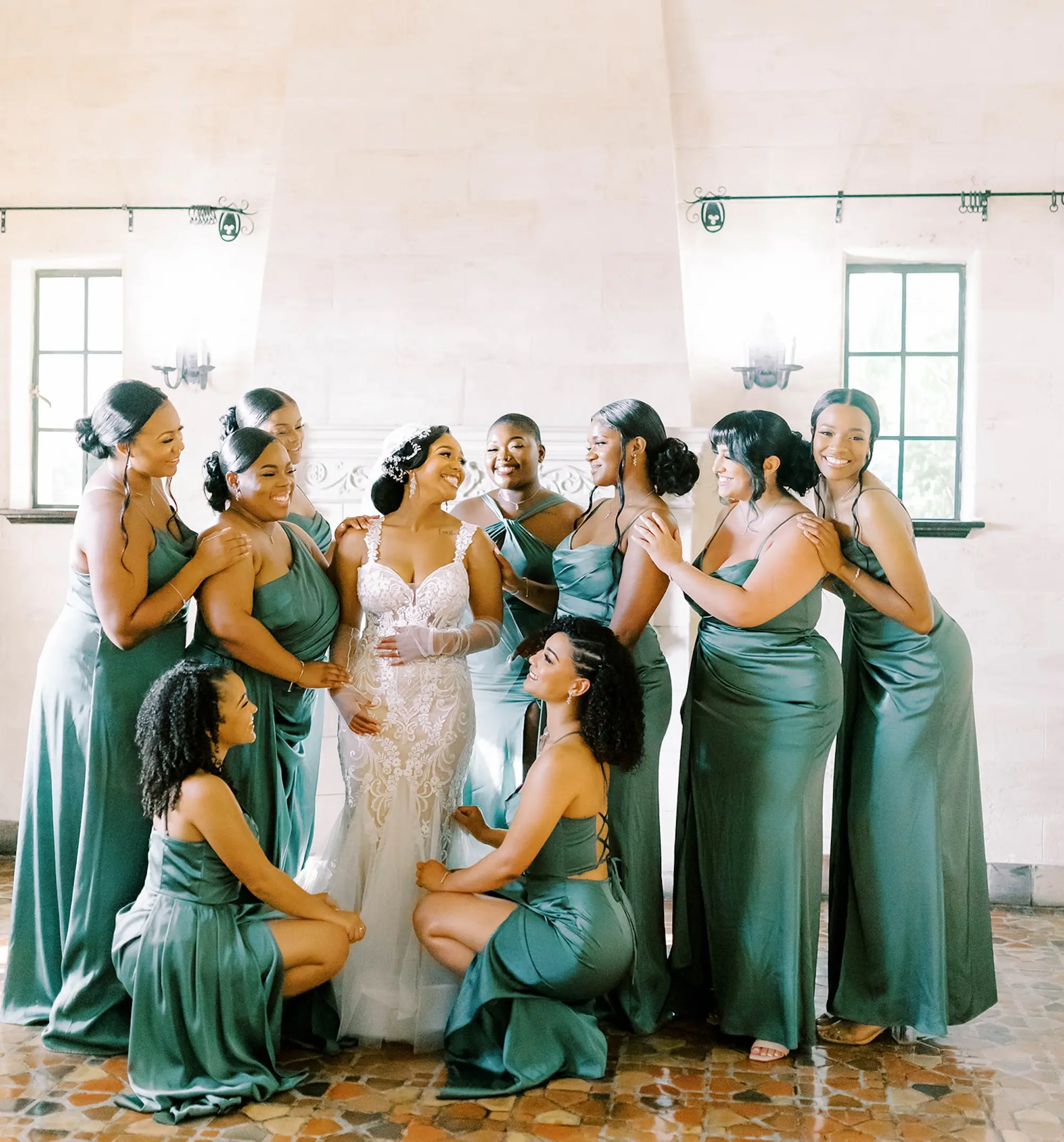 Bride and Bridesmaid Wedding Portrait | Mismatched Emerald Green Bridesmaid Dress Ideas